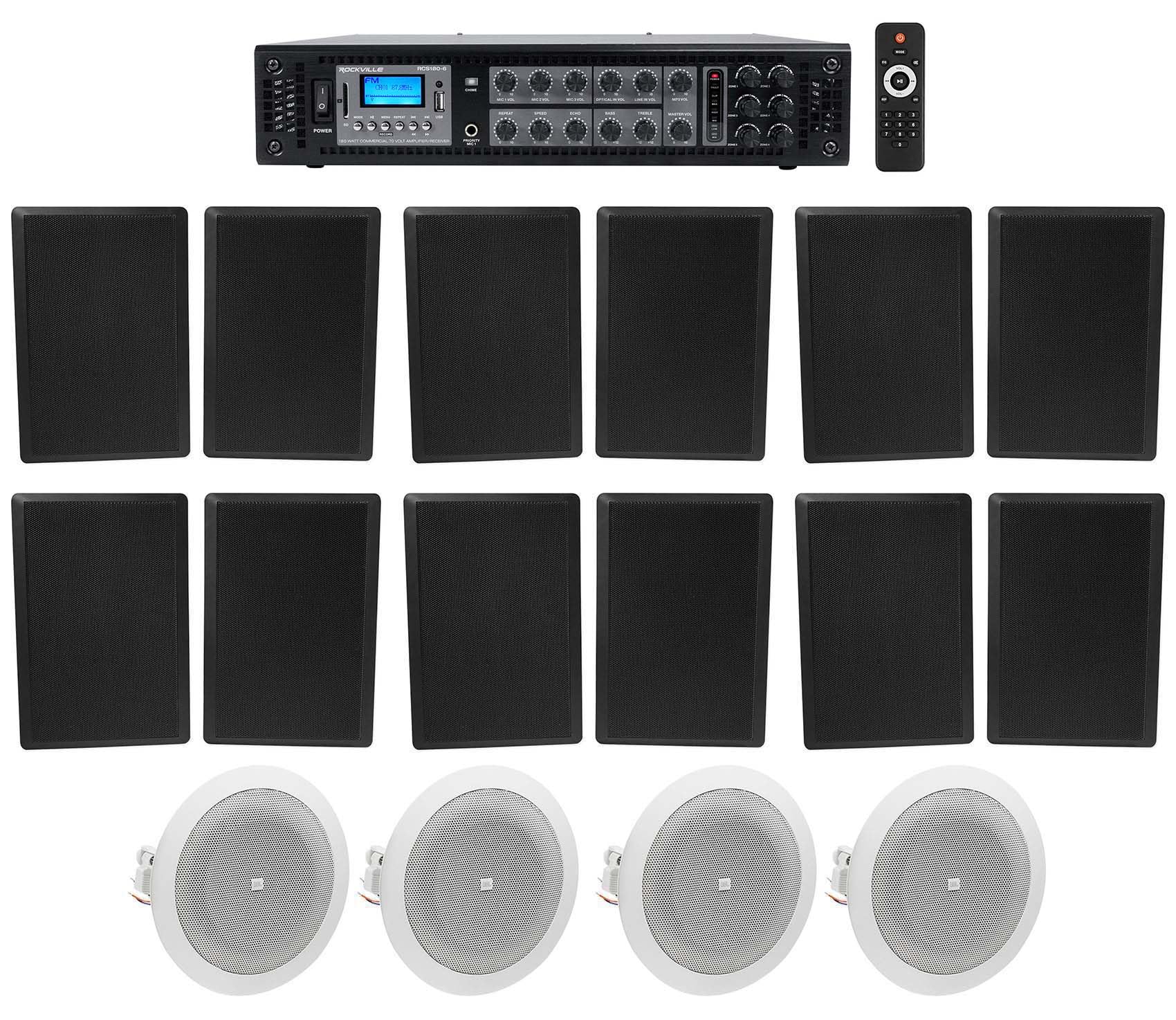 Rockville Bundle: (1) RCS180-6 180 Watt 6 Zone 70v Restaurant Amplifier Bundle with (12) RockSlim 70B Black 5.25