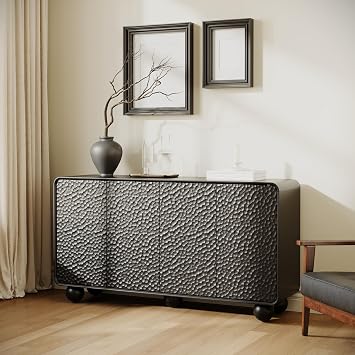 59" Sideboard Buffet Cabinet with Storage, Curved Profile Design with Honeycomb Textured Doors and Sphere Legs, Large Storage TV Console Accent Credenza for Living Room Dining Room Black