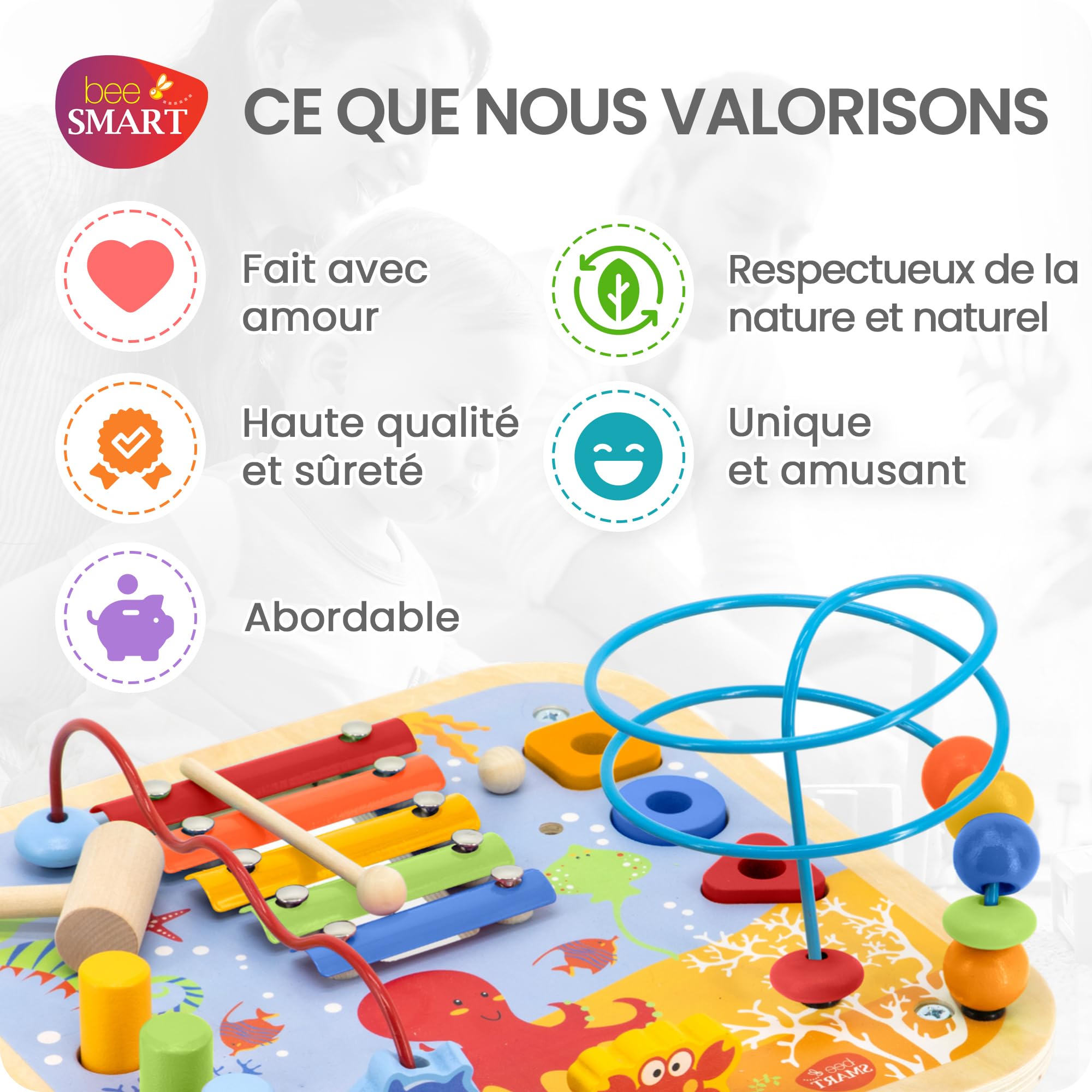 bee SMART Table d'activités 5 en 1 en Bois pour Enfants | Xylophone, Labyrinthe à Perles, Banc à marteaux, trieur de Formes | Jouets éducatifs Table activité bébé Bois Cadeaux pour garçons & Filles