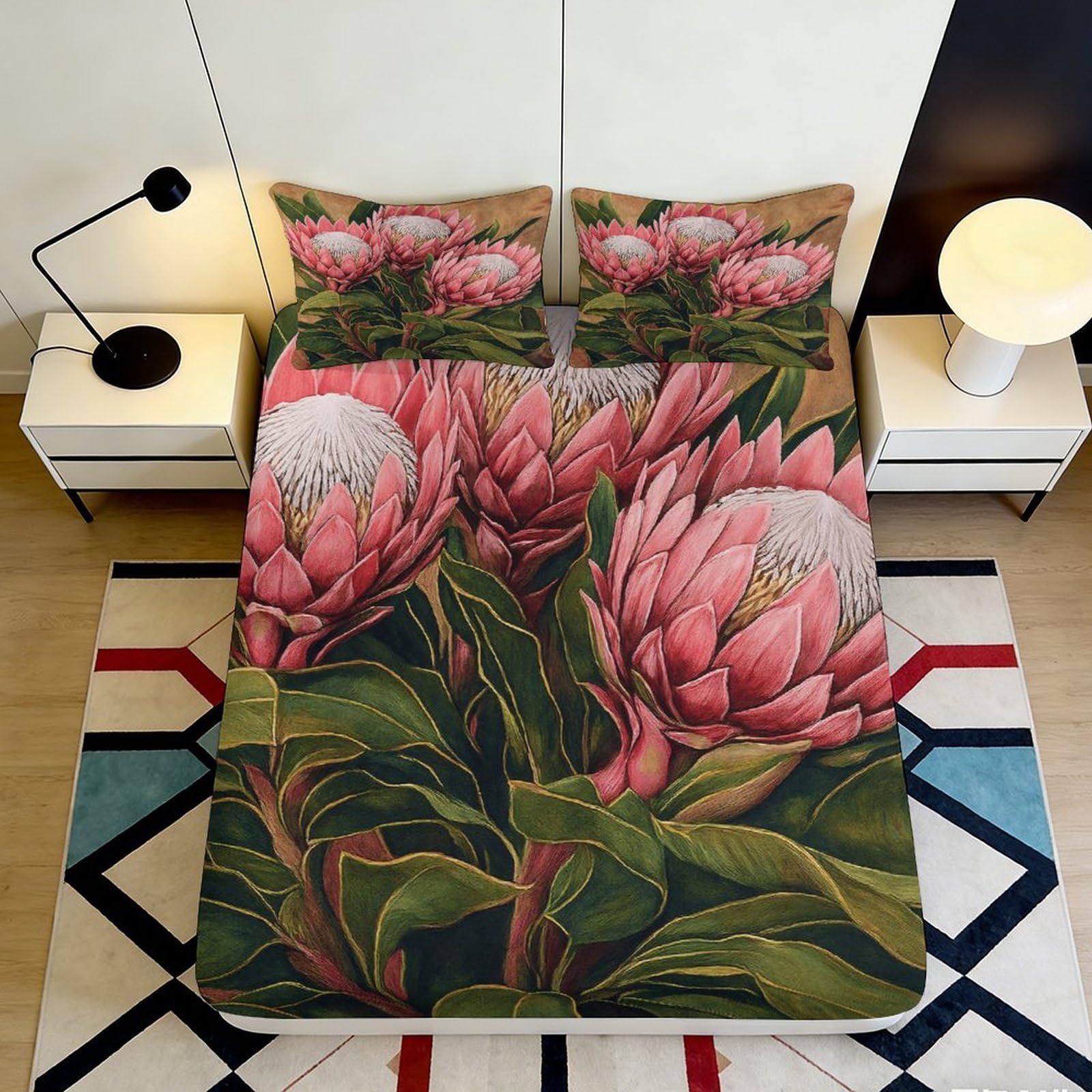 Pnayamiorkfel Style-7 3D Printed Pink Protea Flower Fitted Sheet Microfiber Soft Bed Cover Botanical Design Bedroom Decor For Home Guest Room 90X200x25cm