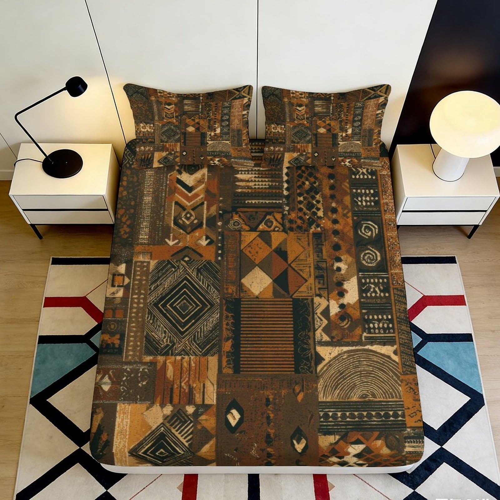 Pnayamiorkfel Style-2 3D Printed African Tribal Pattern Fitted Sheet Microfiber Soft Earth Tone Ethnic Geometric Bed Cover For Bedroom Decor 90X200x25cm