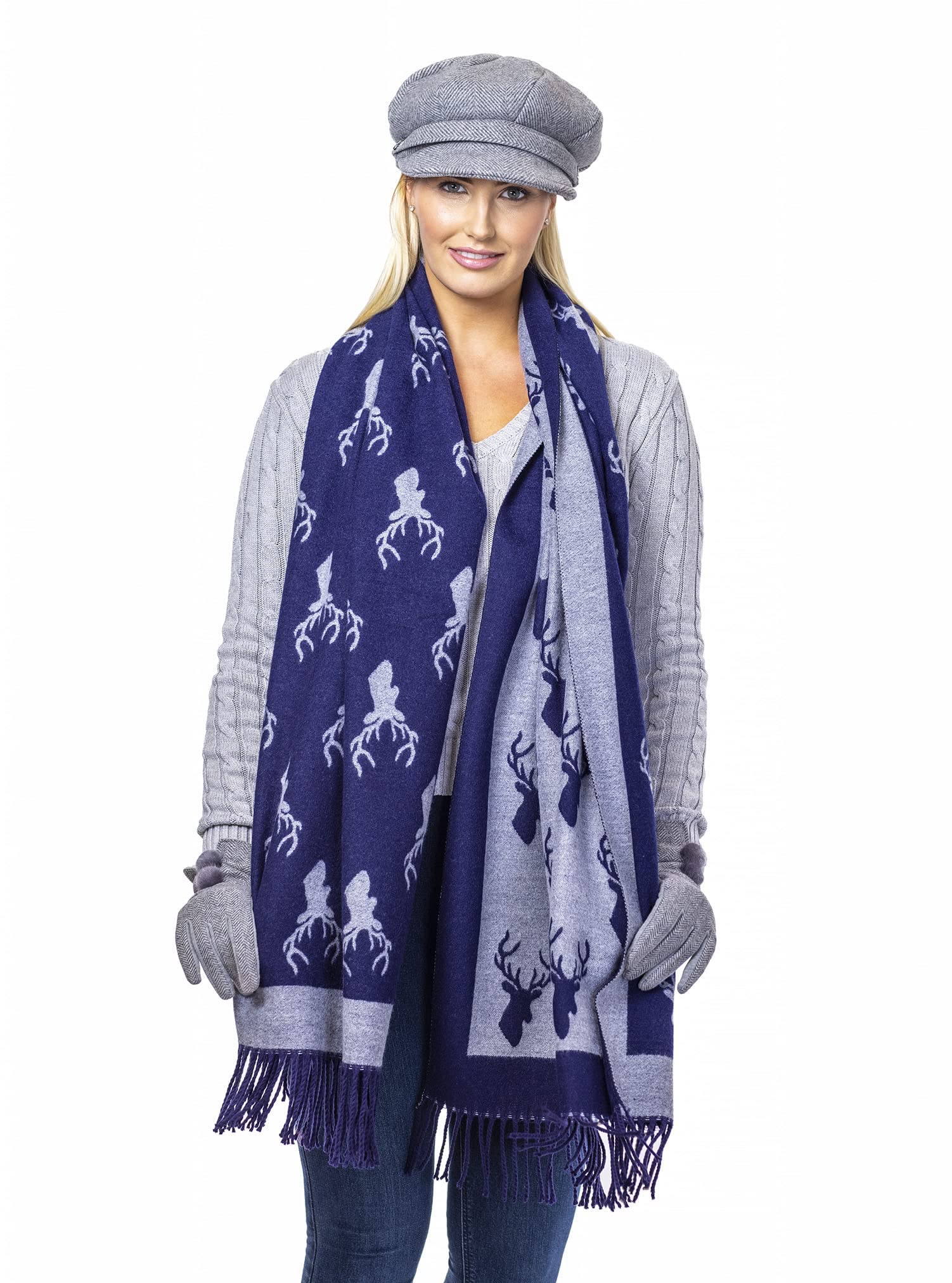 HERITAGE TRADITIONS Stag Scarf Navy Blue Grey Wrap Shawl Ladies CLEARANCE SALE