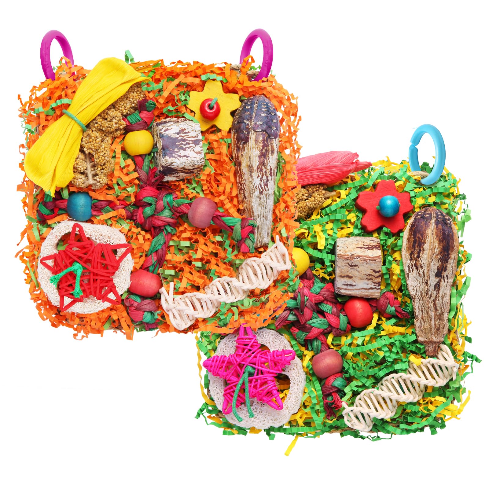 Bird Toys for Small & Medium Parrots - Natural Foraging & Shredding Cage Hanging Toys with Seagrass Mat, Starfruit, Loofah Slices for Budgies, Cockatiels, Lovebirds, Conures (2 PCS)