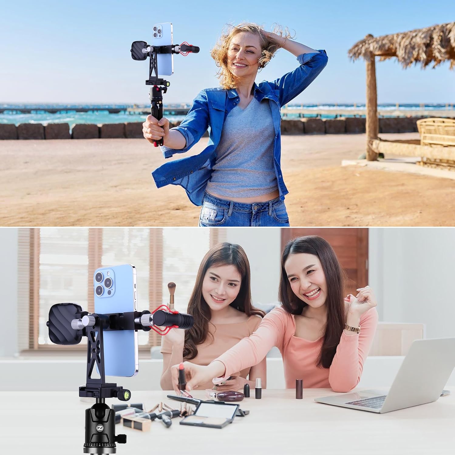 Peastrex Metal Phone Tripod Mount Extra Deep Clamp with Arca Port Cold Shoe 360°Ball Head Cellphone Tripod Adapter for iPhone Galaxy Smartphone Stand Holder for Vlogging Video Camera Monitor