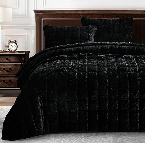 Chezmoi Collection Piers - Juego de edredón de terciopelo negro tamaño King, ropa de cama de terciopelo envejecido de 3 piezas para todas las