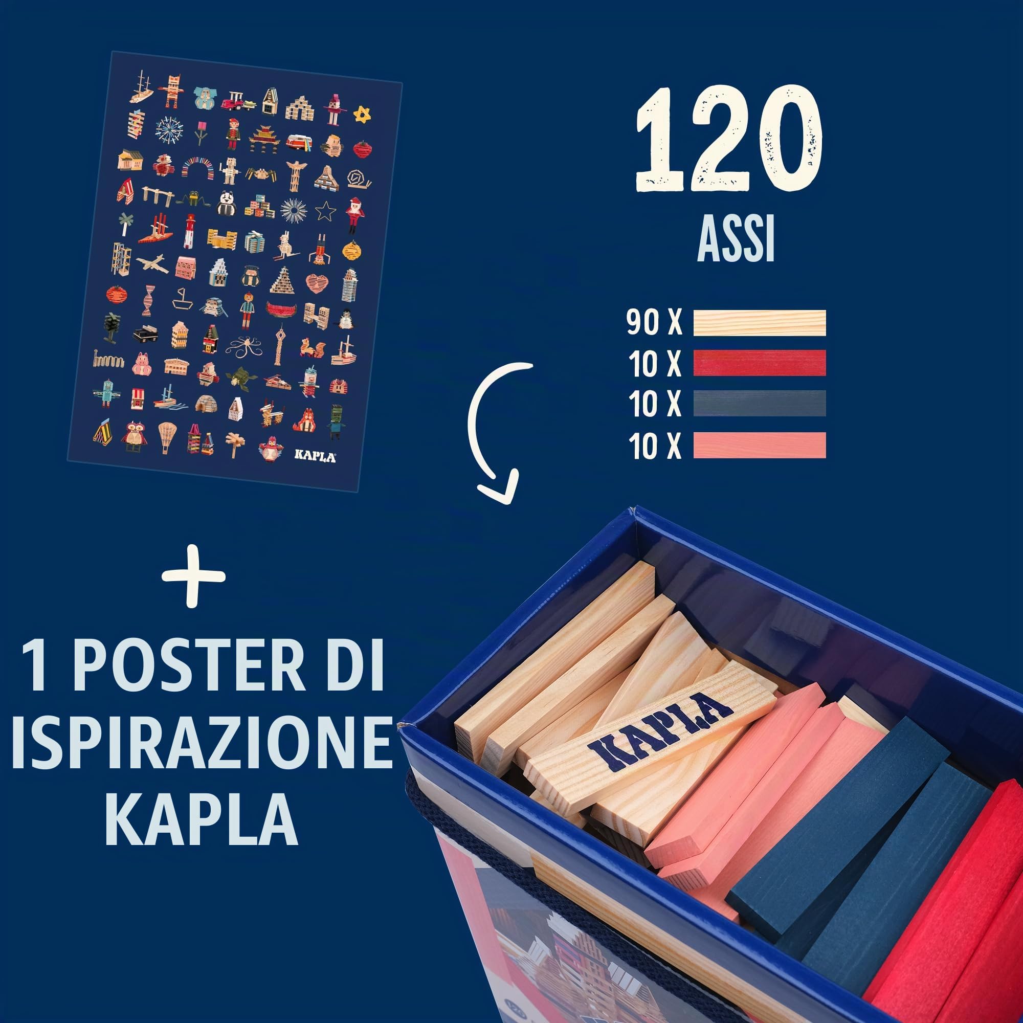 KAPLA - Set di costruzioni con 120 assi di legno colorate (natura, rosso, rosa, blu scuro), giocattolo di legno, da 2 anni…