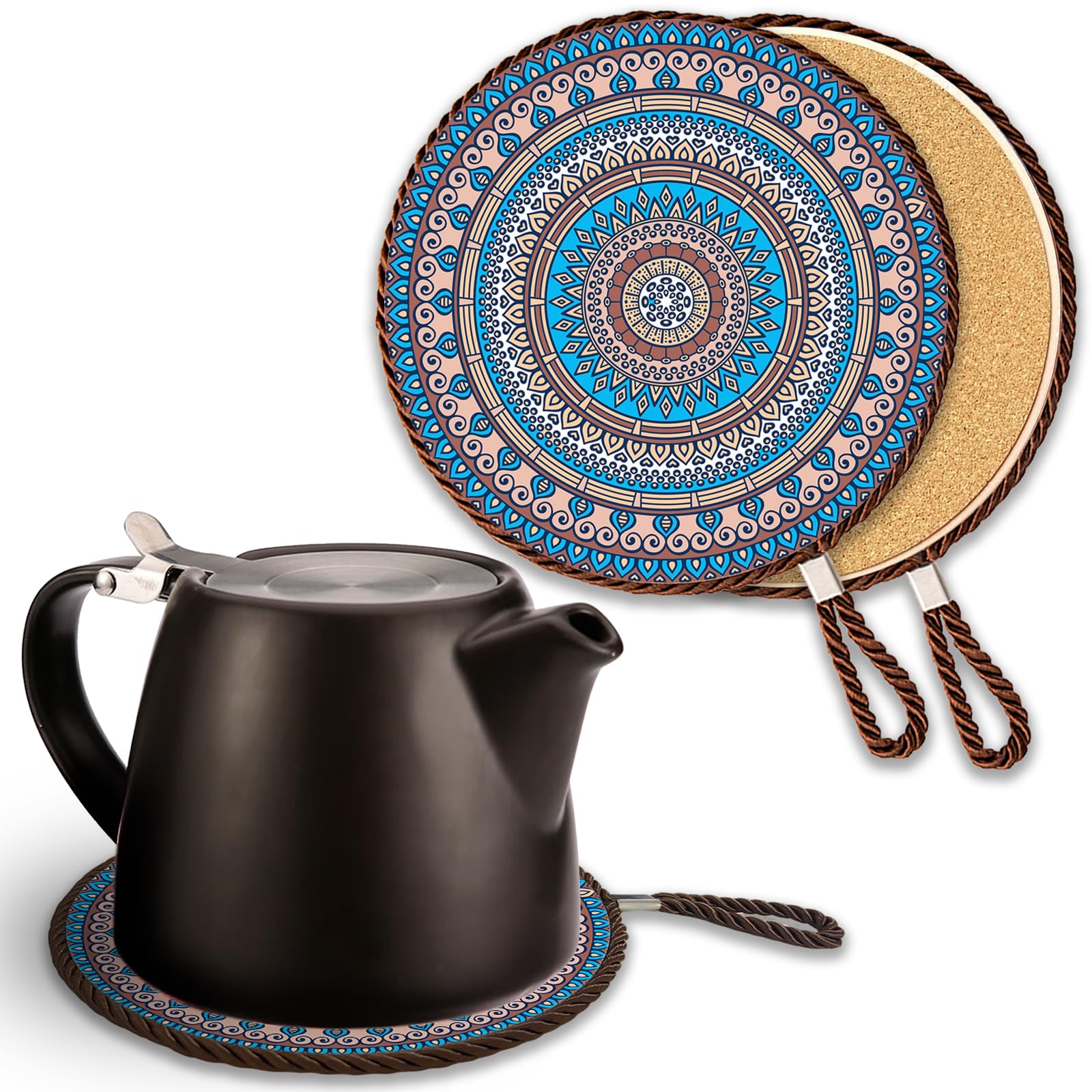 OXTXO 17cm Decorative Ceramic Trivet with Non-Slip Cork Base | Heat-Resistant Table Mat & Hot Pad for Teapots, Mugs, Small Pots | Patterned Oversized Drink Coaster