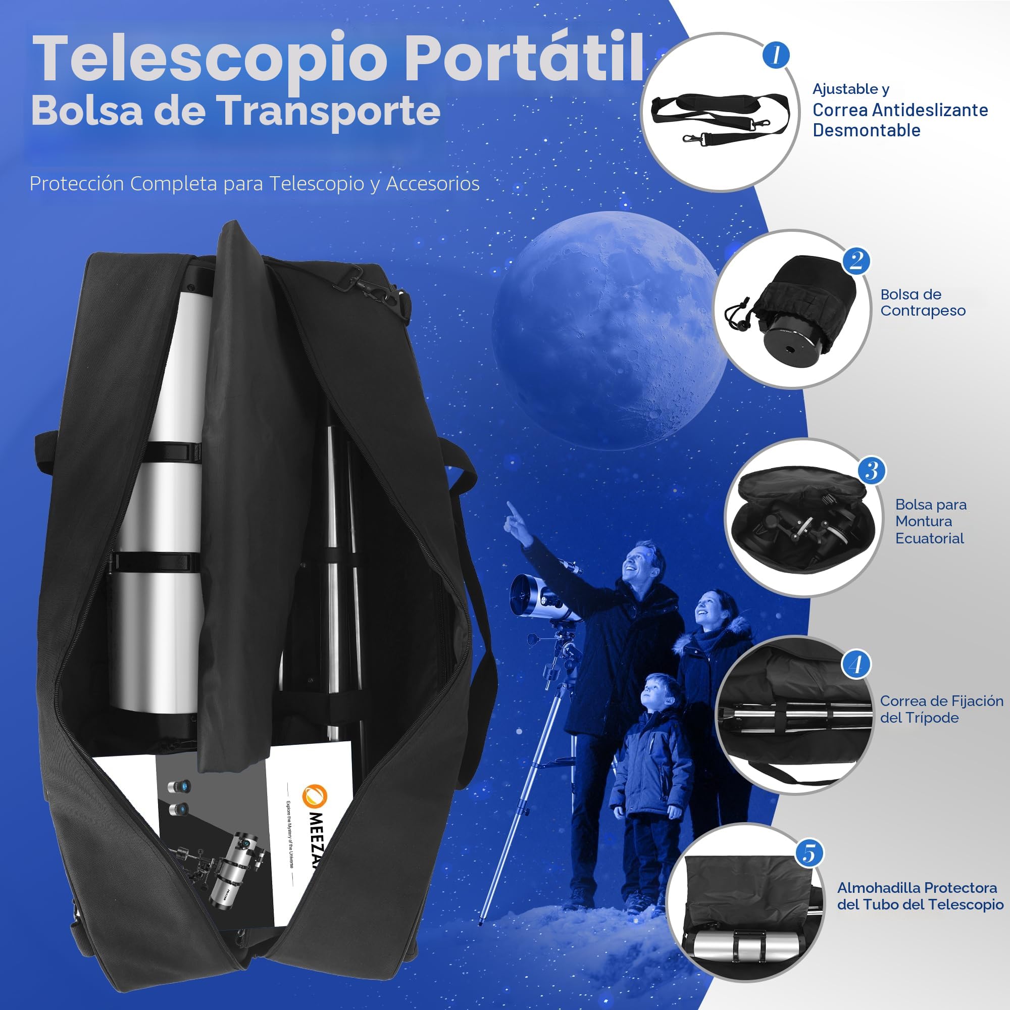 MEEZAA Telescopio Astronómico Adultos, 150EQ Newtoniano Reflector Telescopio Profesional Portátil Principiantes con Montura Ecuatorial, Trípode, Adaptador Teléfono, Filtro Lunar y Bolsa de Transporte