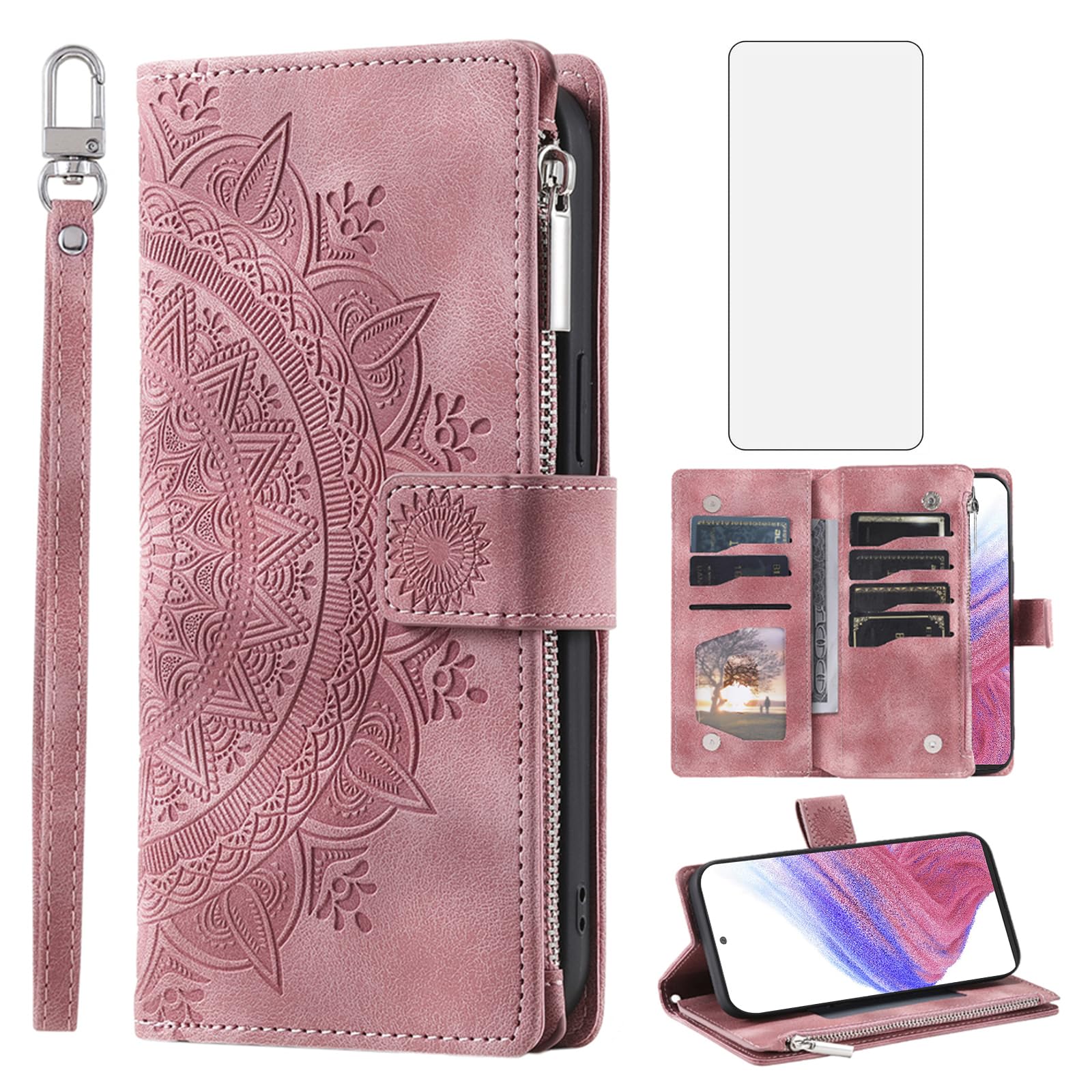 Asuwish Phone Case for Samsung Galaxy A53 5G Wallet Cover with Tempered Glass Screen Protector and Wrist Strap Mandala Flower Flip Zipper Card Holder