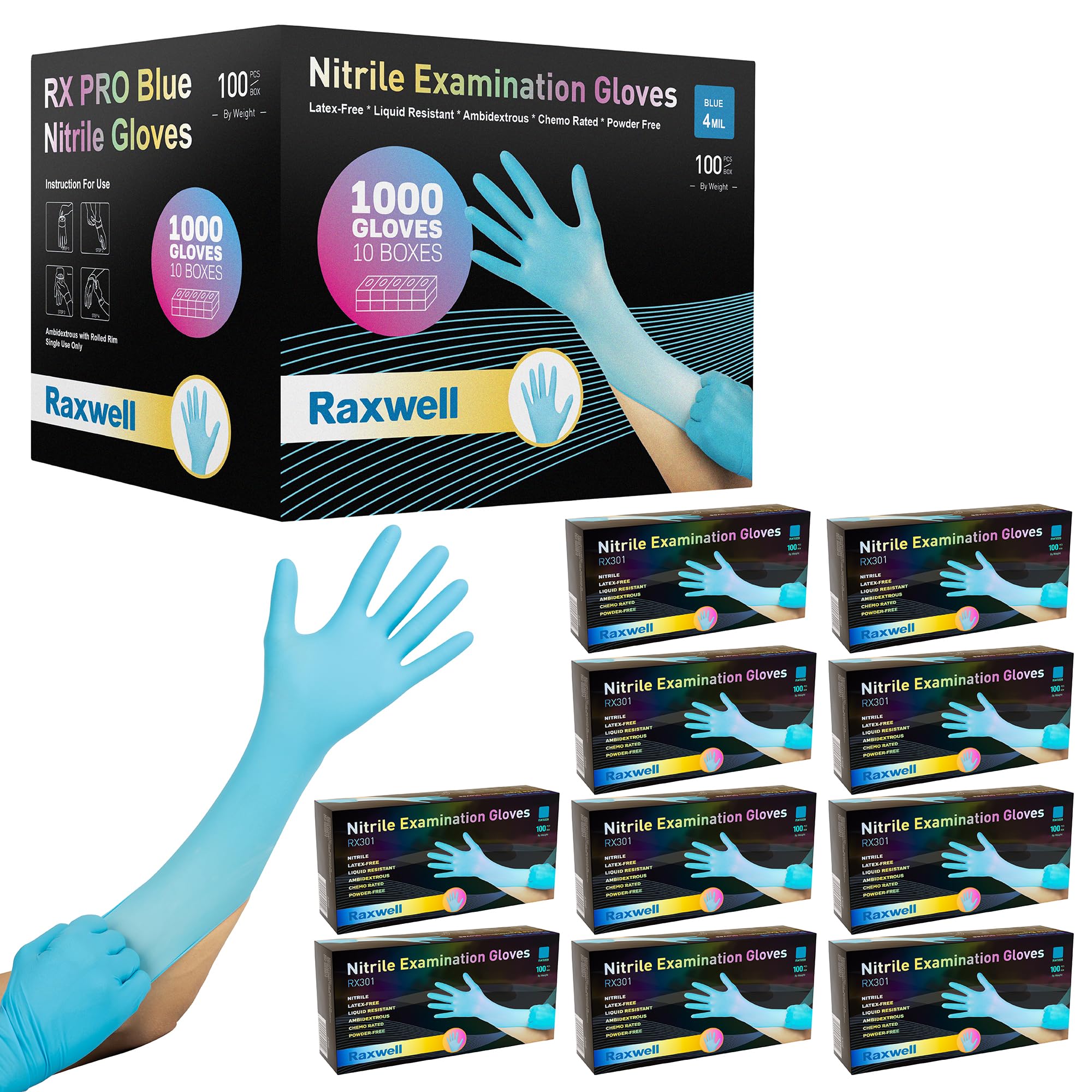 Raxwell Disposable Nitrile Gloves - Exam Gloves for Medical & Lab Use - Ffor Cleaning Supply Tasks - Multipurpose Disposable Apparel for Extended