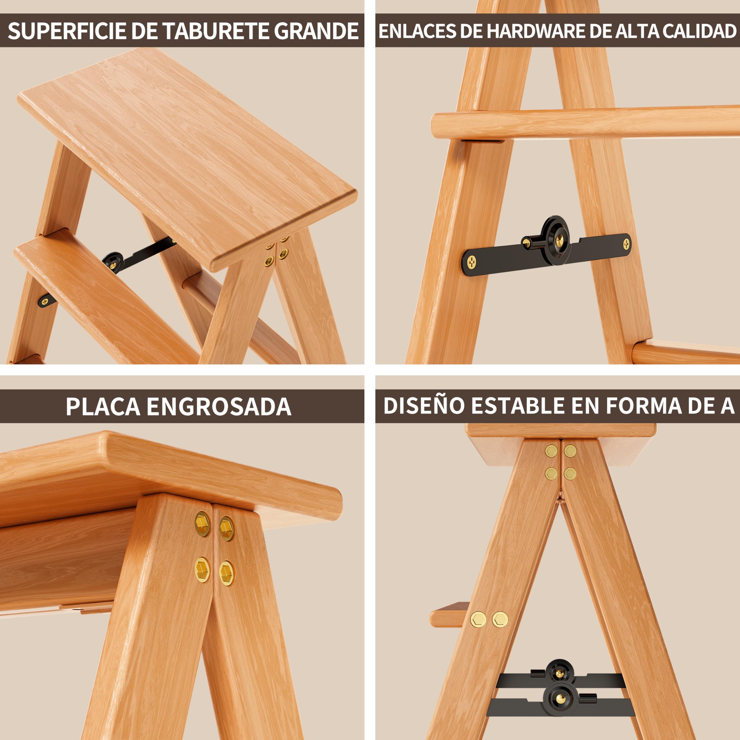 Escalera de 3 peldaños, Taburete Plegable de Madera, Silla Plegable, Antideslizante, portátil y Resistente para el hogar, la Cocina y la Oficina (Madera EW1)