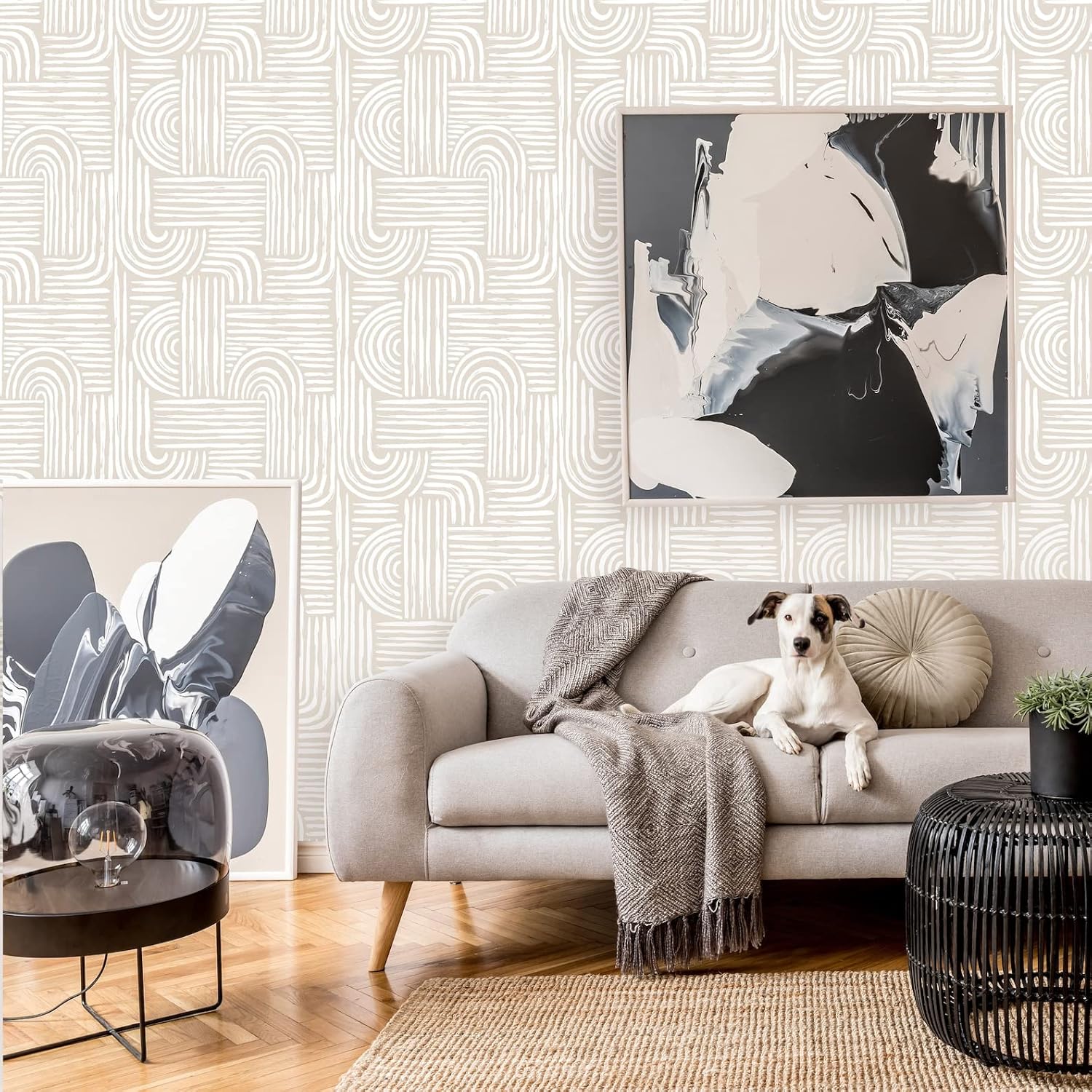 Aesthetic Beige Peel and Stick Wallpaper | Removable Self Adhesive Geometric Mural | Mid Century Boho Lines (1 roll 24" W x 96" H)