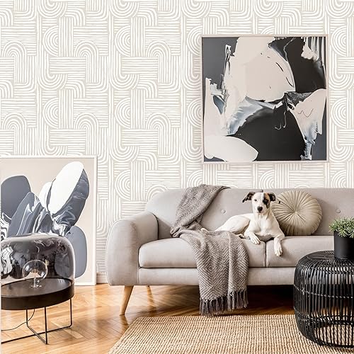 Miniatura 5 de Papel tapiz estético beige para despegar y pegar, mural geométrico autoadhesivo extraíble, líneas bohemias de mediados de siglo (1 rollo de 24