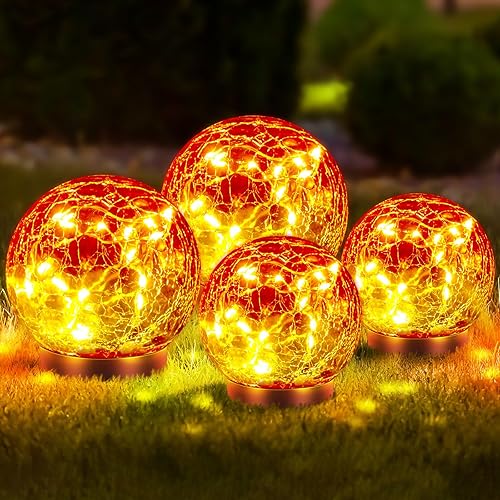 4 luces solares decorativas, luces solares de bola de vidrio agrietado, globos LED de colores para jardín al aire libre, impermeables, patio