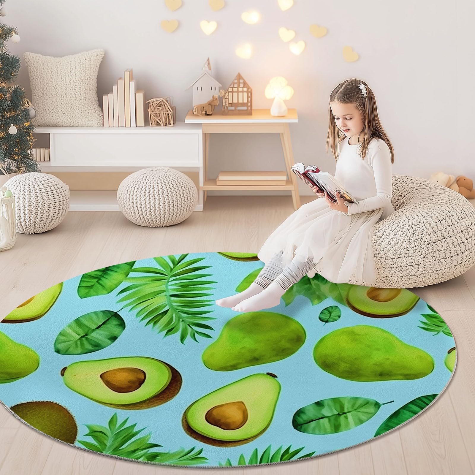 Zmywalny okrągły dywan, antypoślizgowy, 200 cm, okrągły dywan, krótkie włosie, do sypialni, miękki, ze sztucznej wełny, do pokoju dziecięcego, jadalni, zielony, awokado, aligator, gruszka