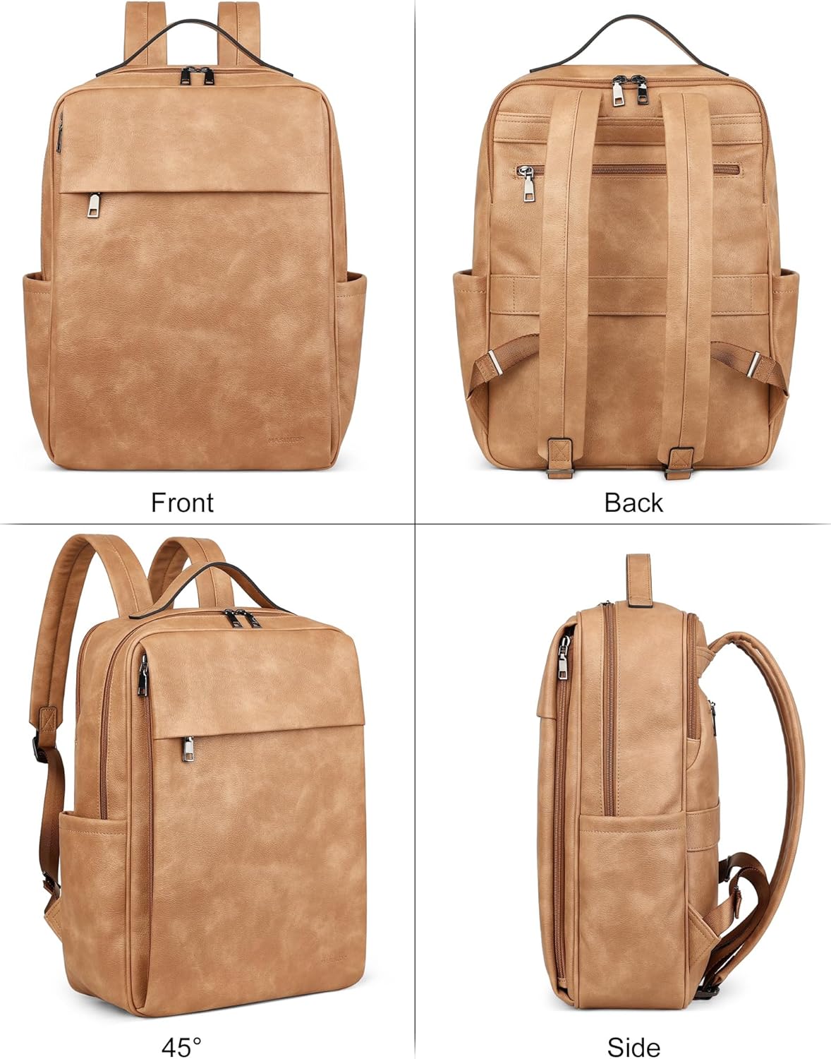 MASINTOR 15.6 inch PU Leather Laptop Backpack Purse for Women, Large College Casual Backpack Travel Bag Retro Camel - Image 4