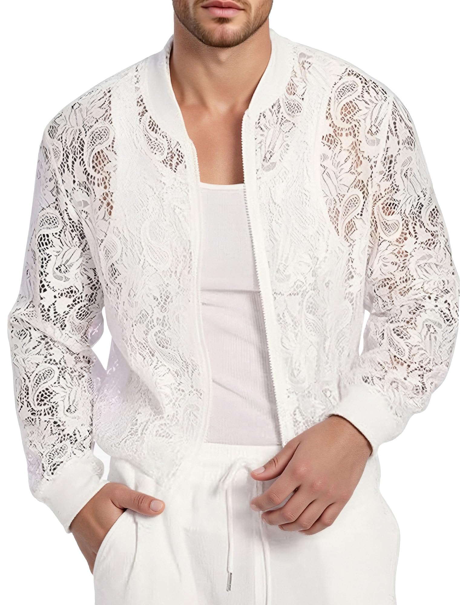 AIEOE Veste en dentelle à manches longues pour homme - En maille - Pour fête, clubwear - Transparent - Pour boîte de nuit, carnaval
