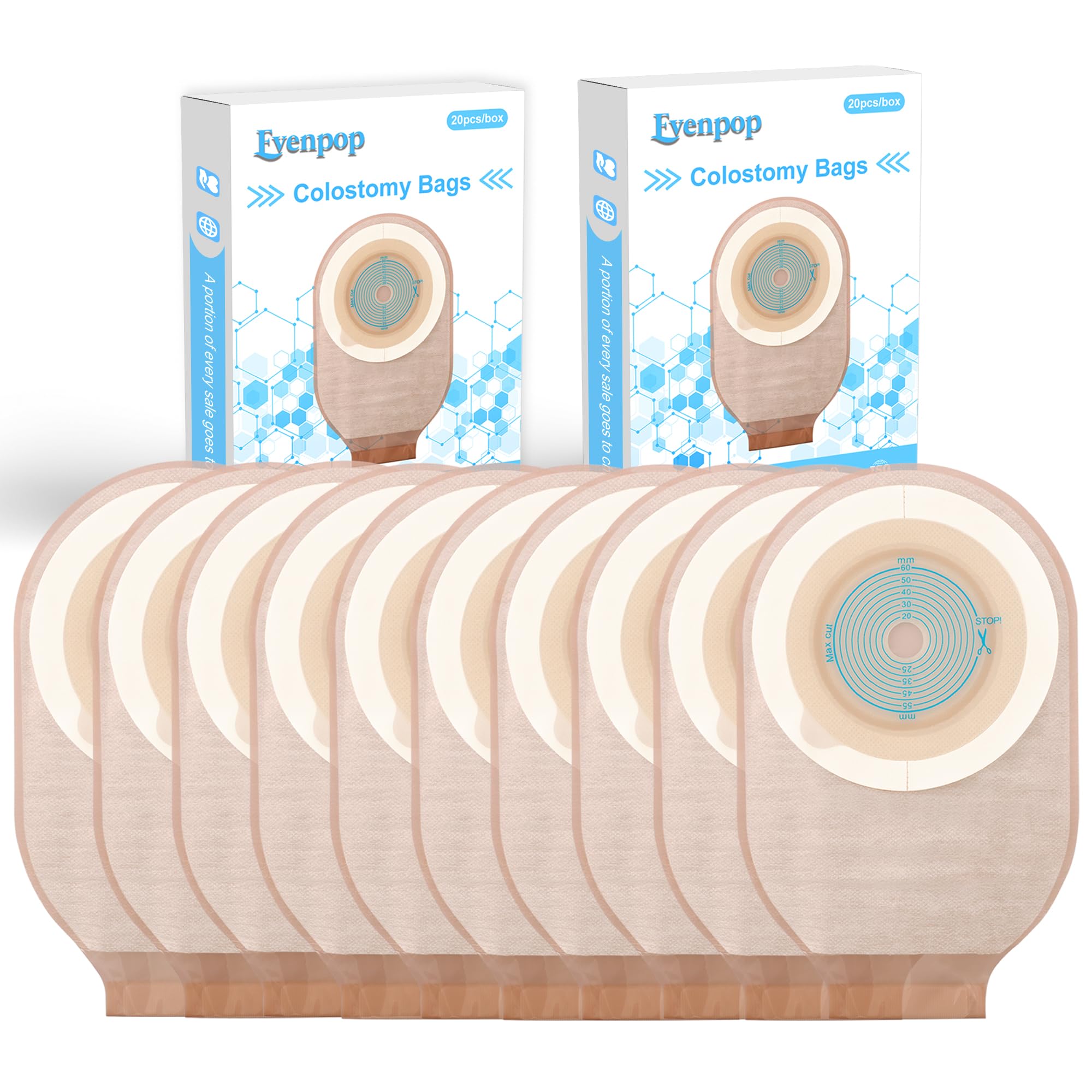 Evenpop Colostomy Bags - Portable & Comfortable, 40 PCS Skin-Friendly Ostomy Bag for Kids/Adults, One Piece with Closure Colostomy Supplies, 20-65mm