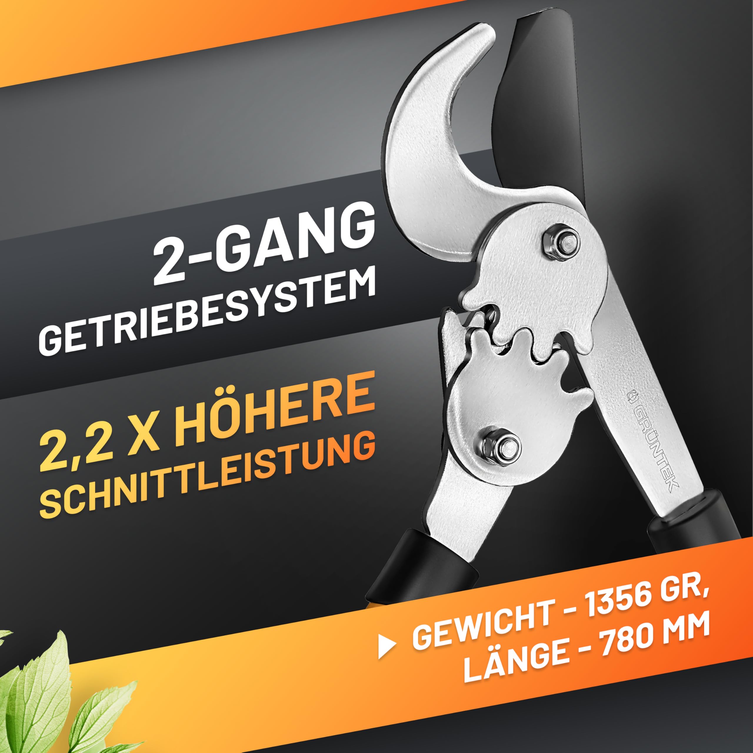 GRÜNTEK T-REX Bypass-Astschere mit 67mm SK5-Karbonstahlklingen, Antihaft-Beschichtung und 2-Gang-Getriebesystem – Präzisions-Garten-Schere für trockenes Holz, Heckenschere und Astschneider