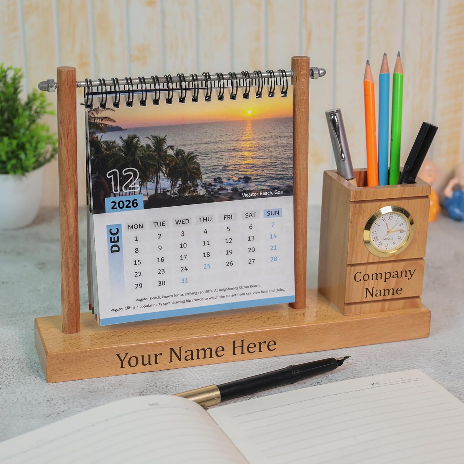 Deskart Personalized Desktop Calendar with Pen Stand | Wooden 2026 & 2027 Calendars with Clock, Pen Stand and Personal Name Marking for Home Decor, Office Desk and Study Table (Retro Personalized)