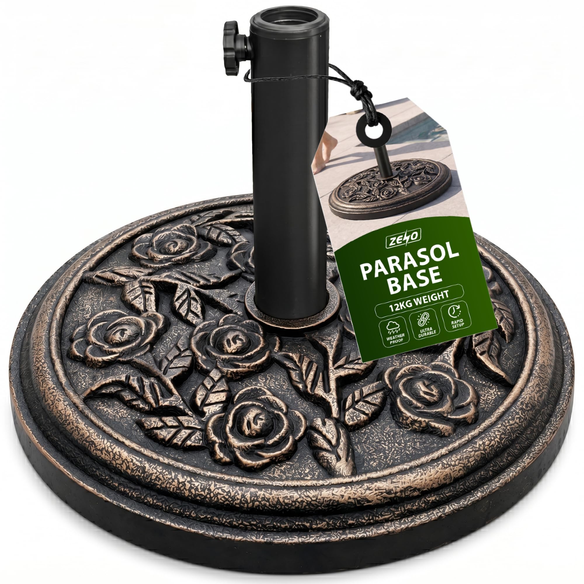 ZENO Parasol Base 12KG Bronze Rose | Cast Iron Effect Garden Parasol Base | Garden Umbrella Base For Outdoor Furniture Umbrella, Gazebo, Awning | Easy to Assemble | Heavy Duty | Weather Resistant