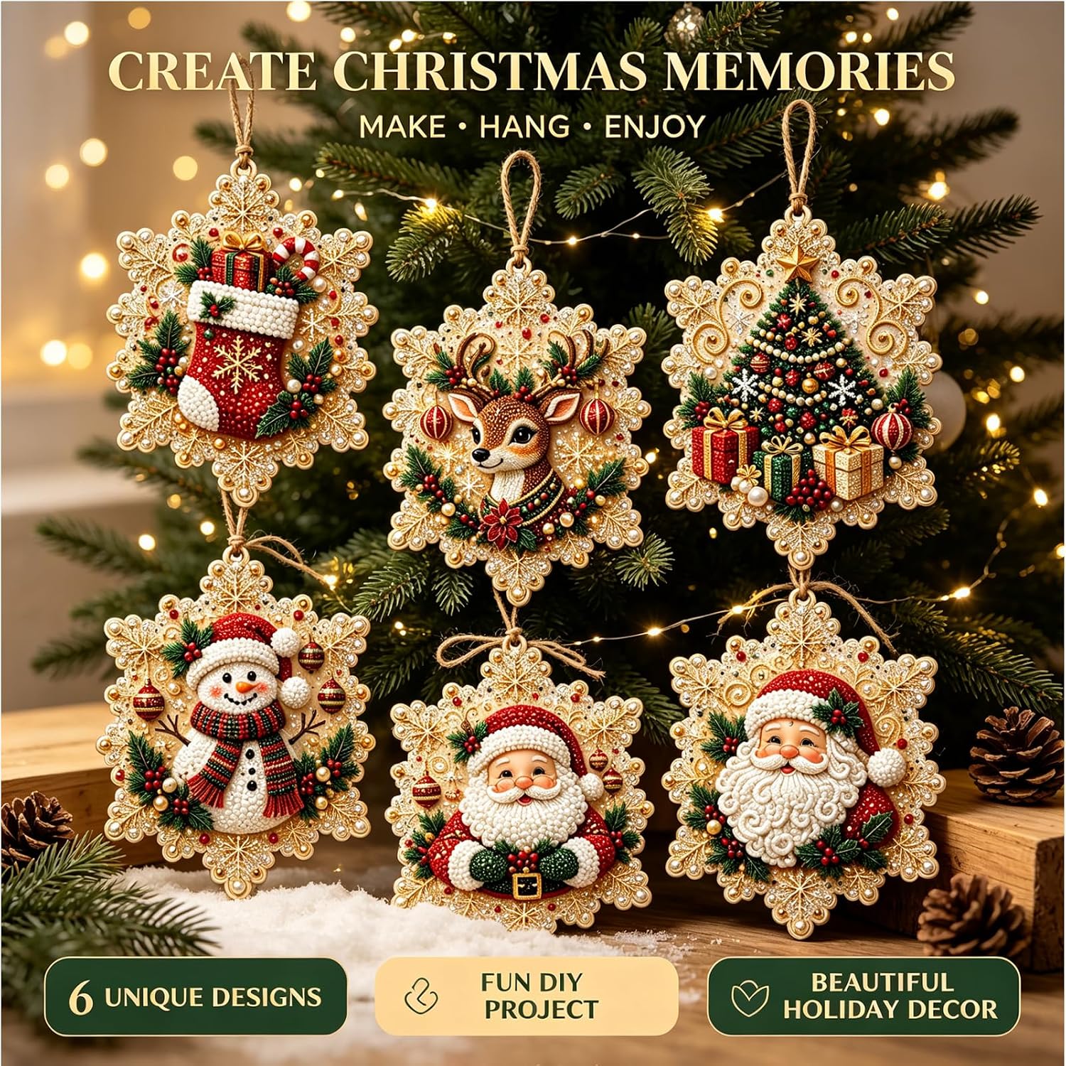 DIY Diamond Pearl Art Christmas Kit for Adults – 6 Pcs Snowflake Hanging Craft, 3D Rhinestone Mosaic Painting Set for Holiday Tree Window Home Decoration & Gifting