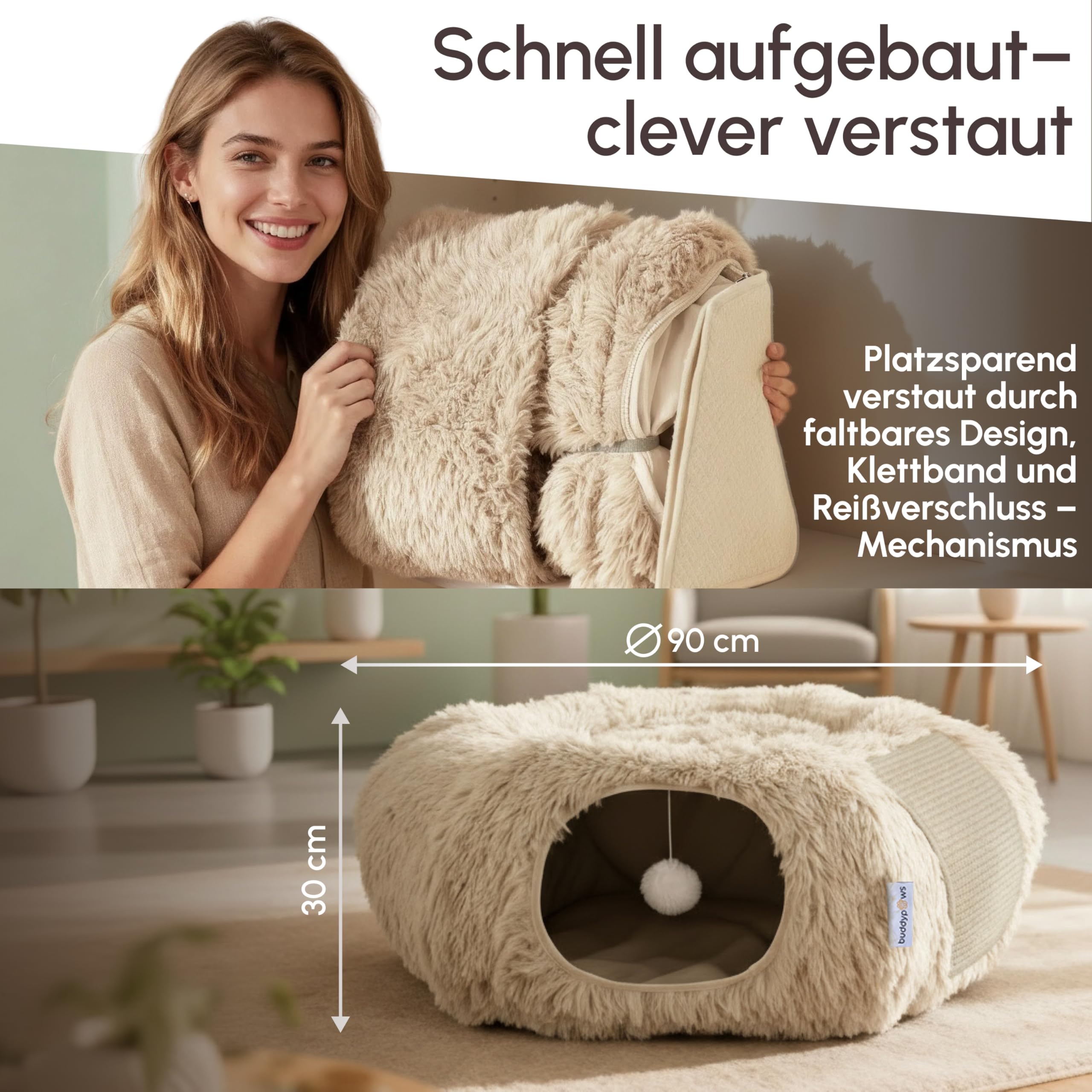 3-in-1 Katzentunnel mit Katzenbett & Kratzflächen | Flexibel nutzbarer Premium Katzentunnel aus weichem Plüsch als Katzenhöhle, Katzenkorb & Katzenspielzeug | Waschbar | Mit Sisal Kratzmatte | BEIGE