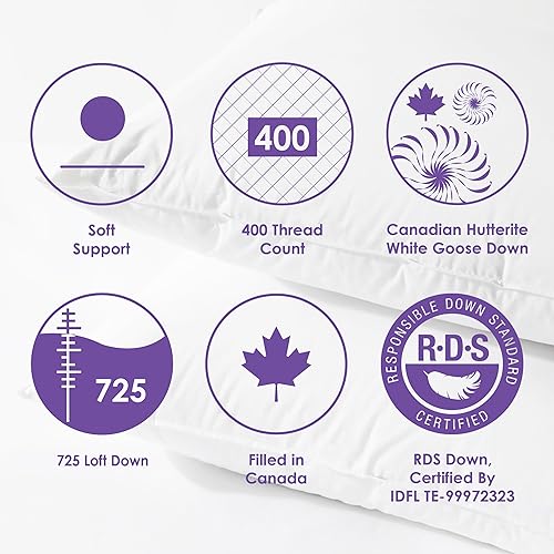 Miniatura 6 de Canadian Down & Feather Co. - Almohada de plumón de ganso canadiense Hutterite de apoyo suave, tamaño King, carcasa de 400 hilos, 100% algodón,