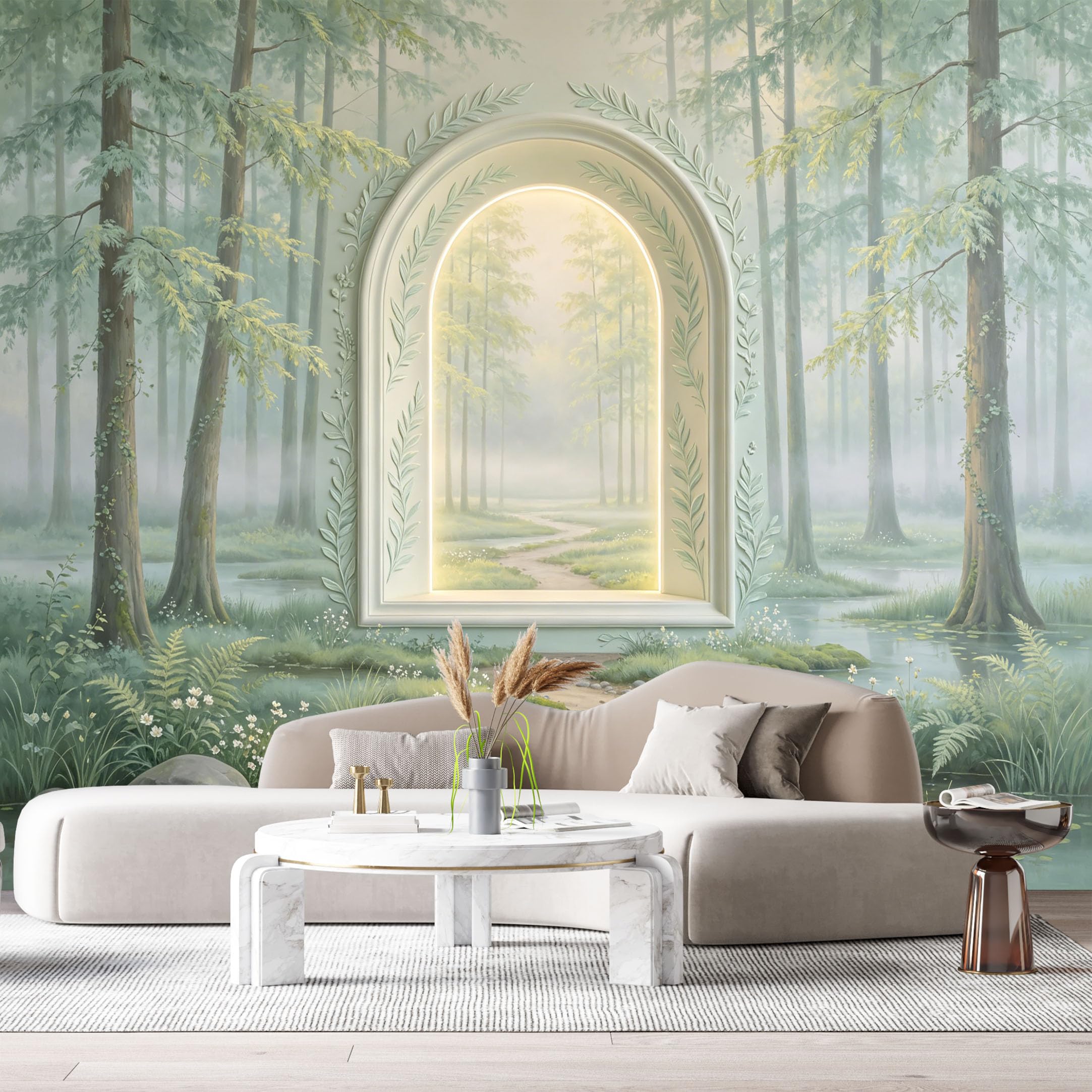 Custom Size Wall Murals Misty Forest Archway Botanical 3D Trompe L'Oeil SelfAdhesiveWall Fabric Removable Wallpaper Wall Decor for Living Room Bedroom Bathroom