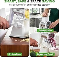 Vista 7 de Nutrichef 3 in 1 Cheese Grater & Shredder Strong Suction Base, Rotary Handle with Safety Lock Includes Hand Crank & 3 Drum Blades for 3