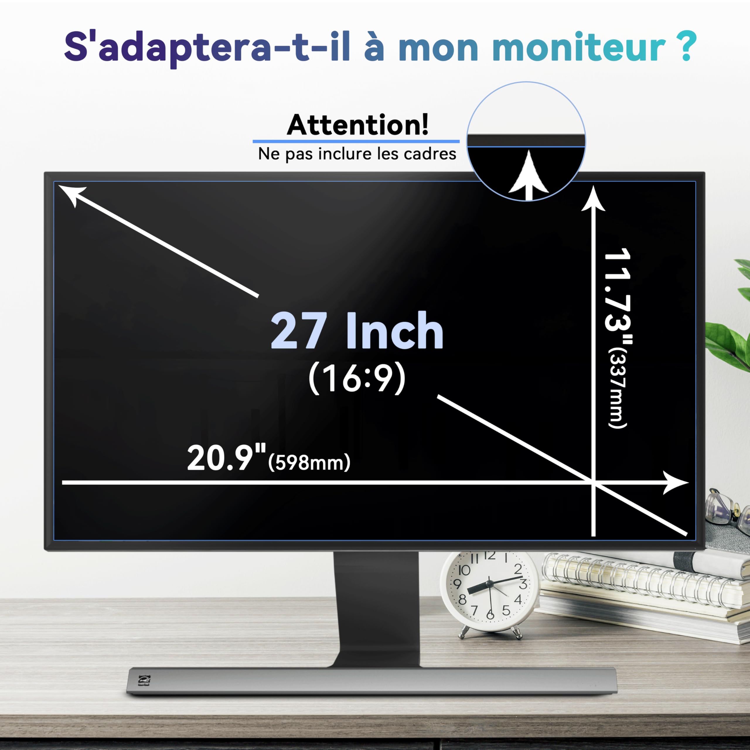 Filtre de Confidentialité Premium 27 Pouces 16:9 - Protection d'Écran Amovible Anti-Espion, Anti-Lumière Bleue et Anti-Regard, Compatible avec la Plupart des Moniteurs PC 27 Pouces