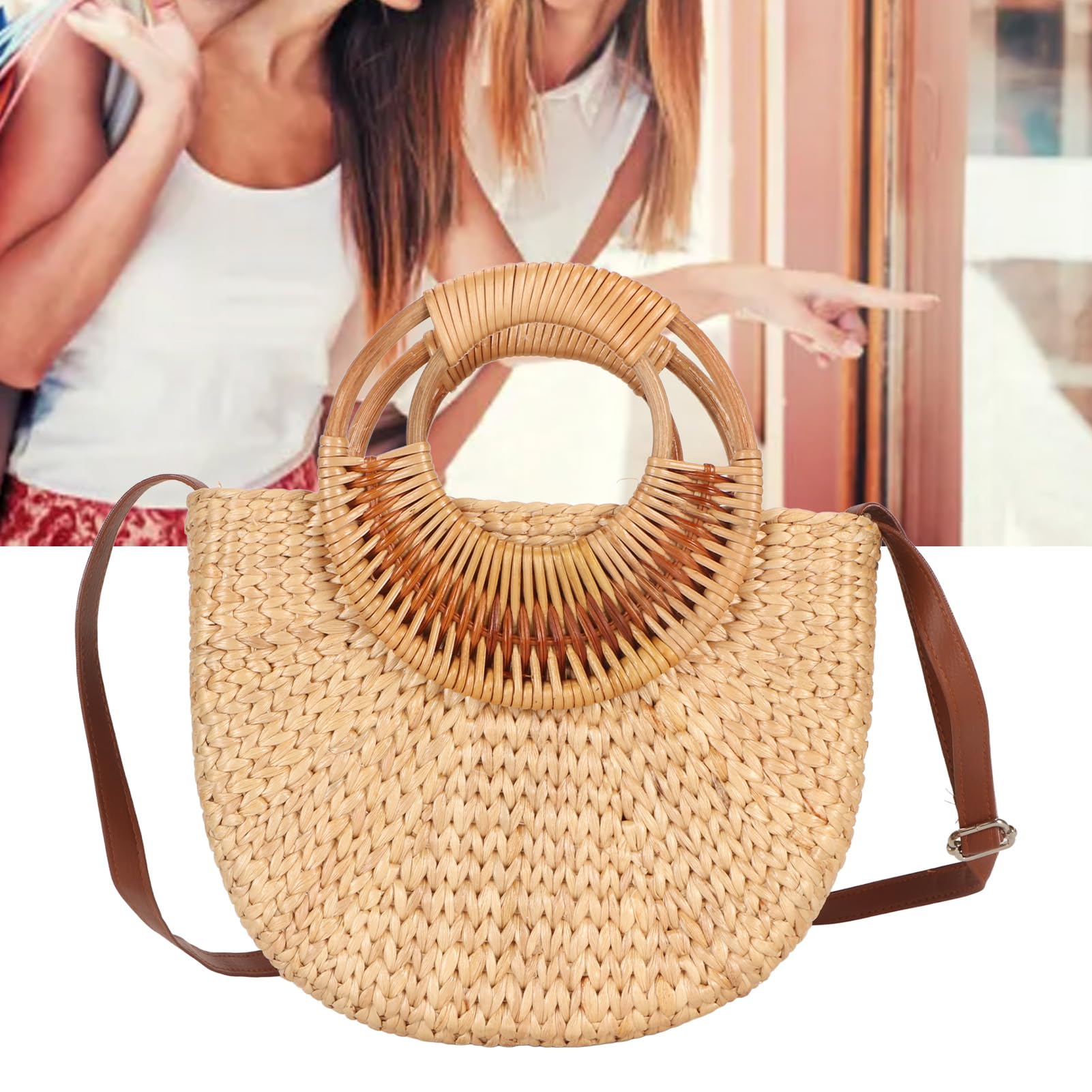 Garsent Mode Weben Rattan Tasche für Frauen, Retro Kleine Halbkreis Handgewebte Stroh Schulter Tasche, Leicht, Langlebig