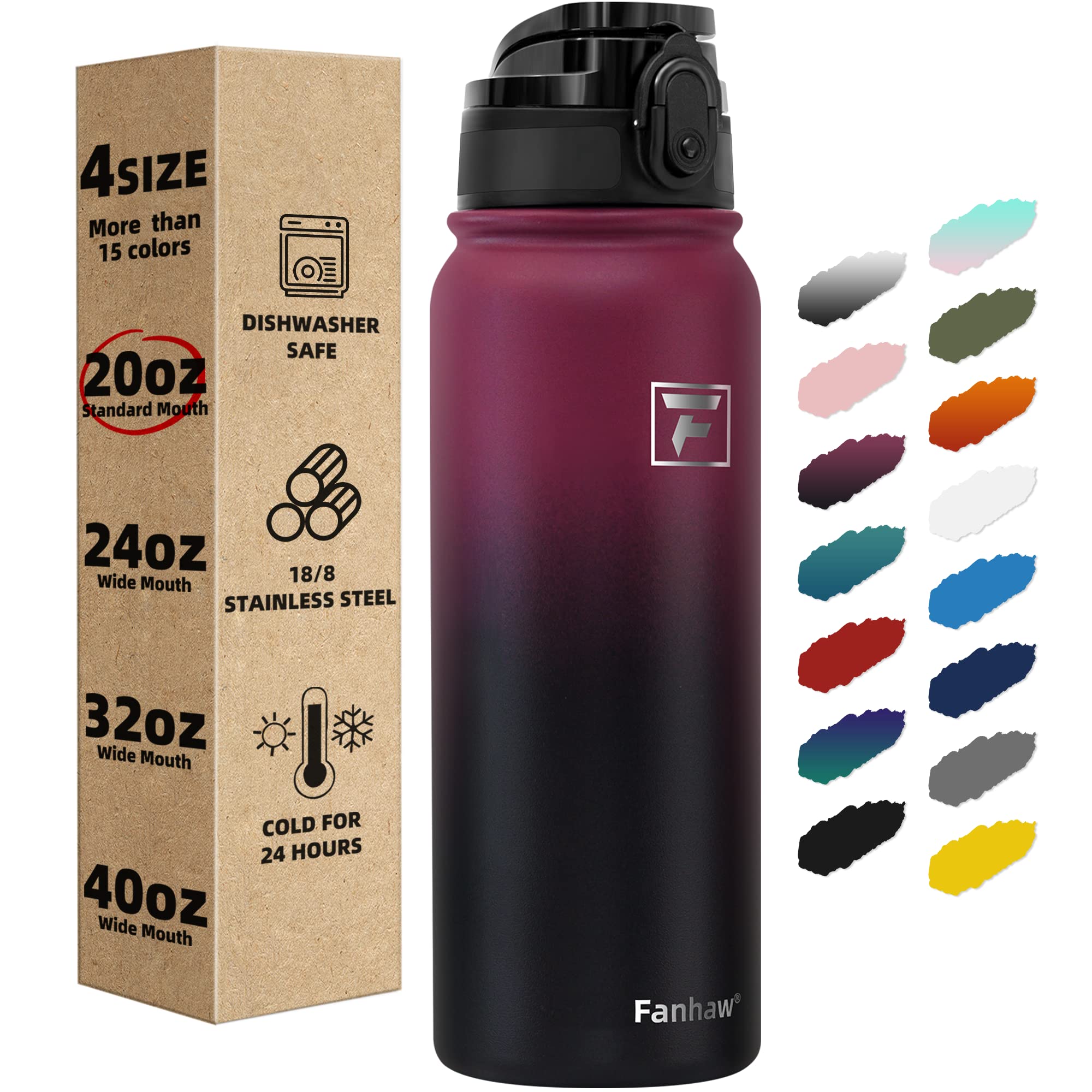 Fanhaw Insulated Water Bottle with Chug Lid - 20 Oz Double-Wall Vacuum Stainless Steel Reusable Leak & Sweat Proof Sports Water Bottle Dishwasher Safe with Anti-Dust Standard Mouth Lid (Red Black)