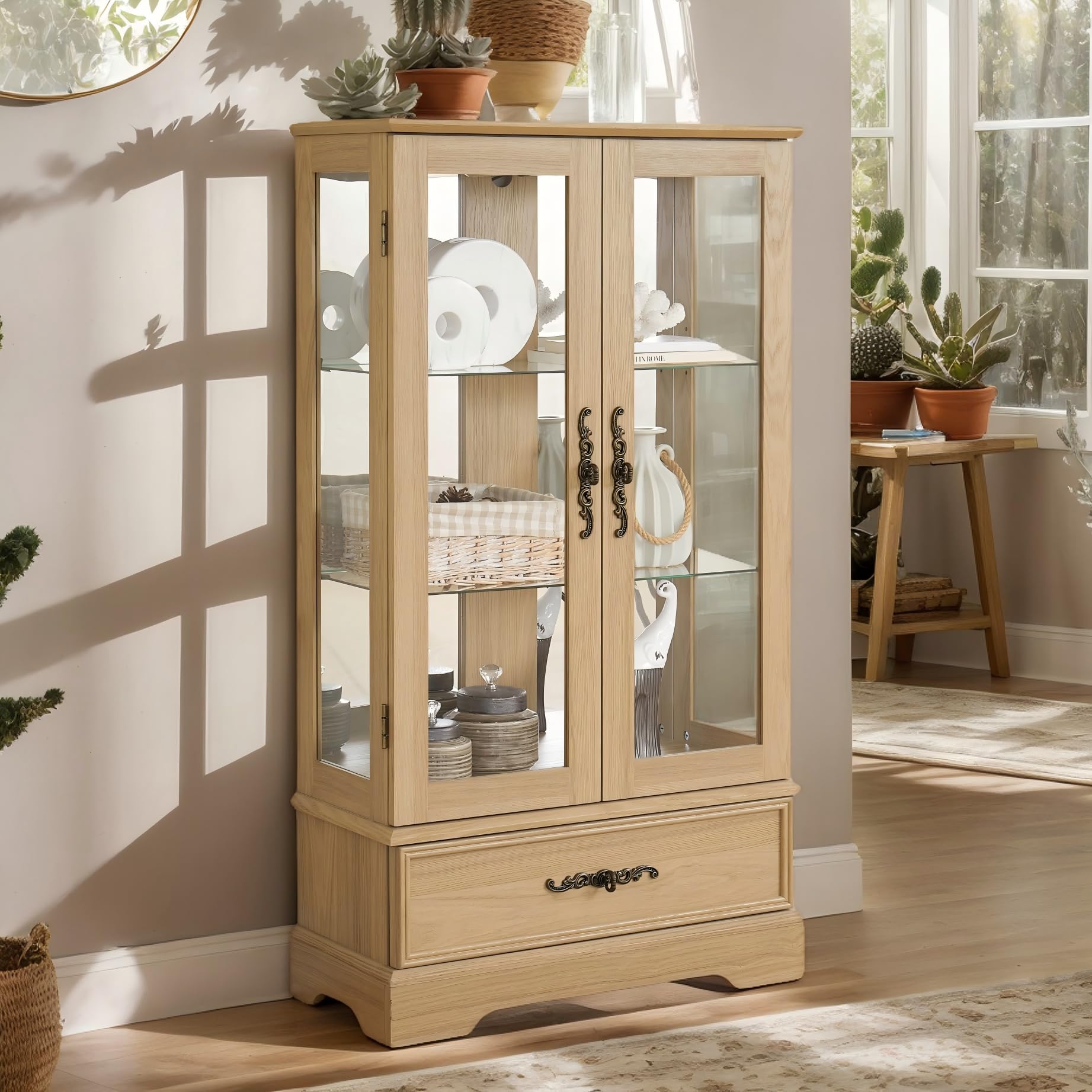 Curio Cabinet 47" H Vintage Glass Display Cabinet with 3-Tier Adjustable Glass Shelves, Acrylic Mirrored Back Pane, Light Blub Included, China Cabinet for Living Room (Light Oak)