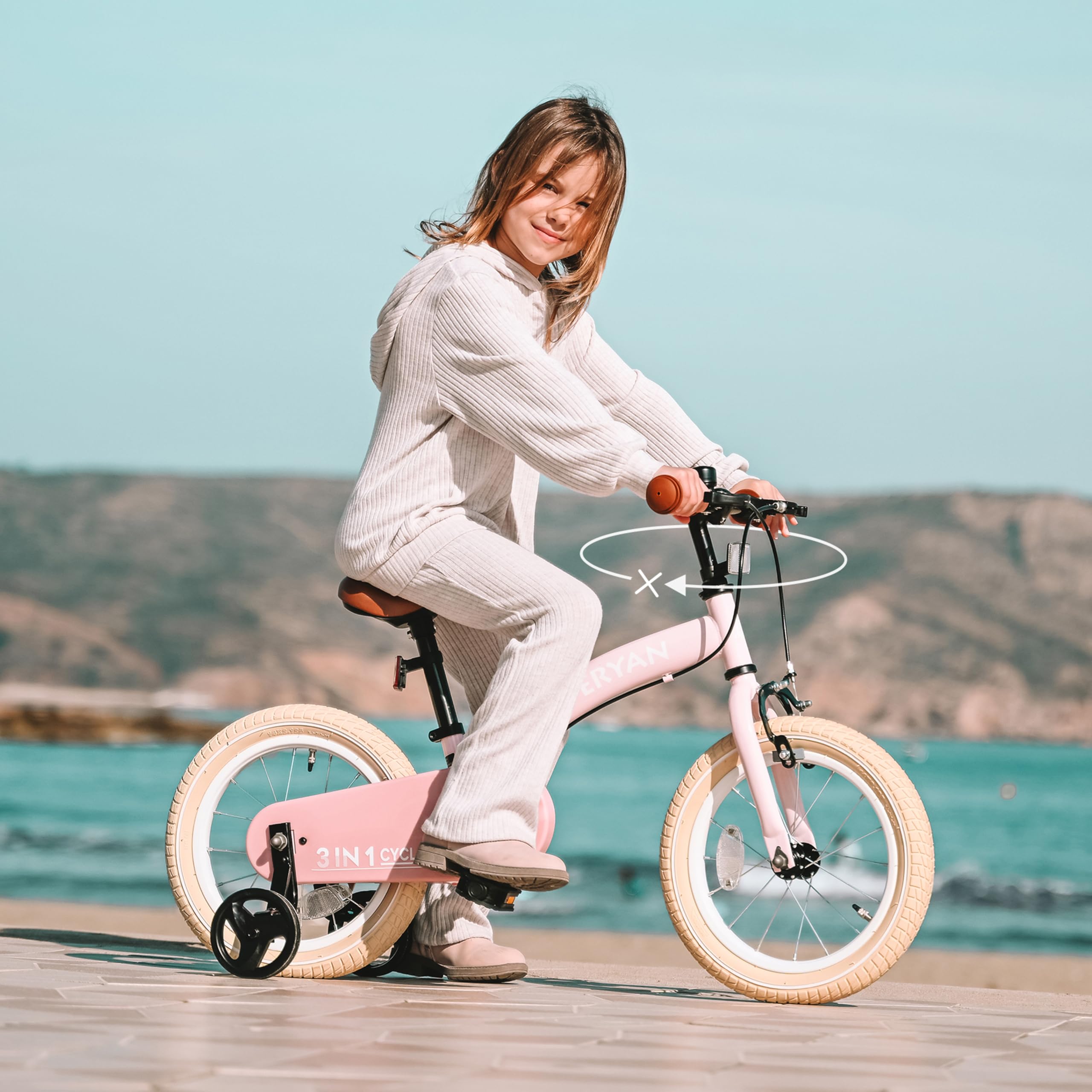 Deryan Bicicletta per Bambini 3 in 1 12 14 16 Pollici con Rotelle e Pneumatici ad Aria