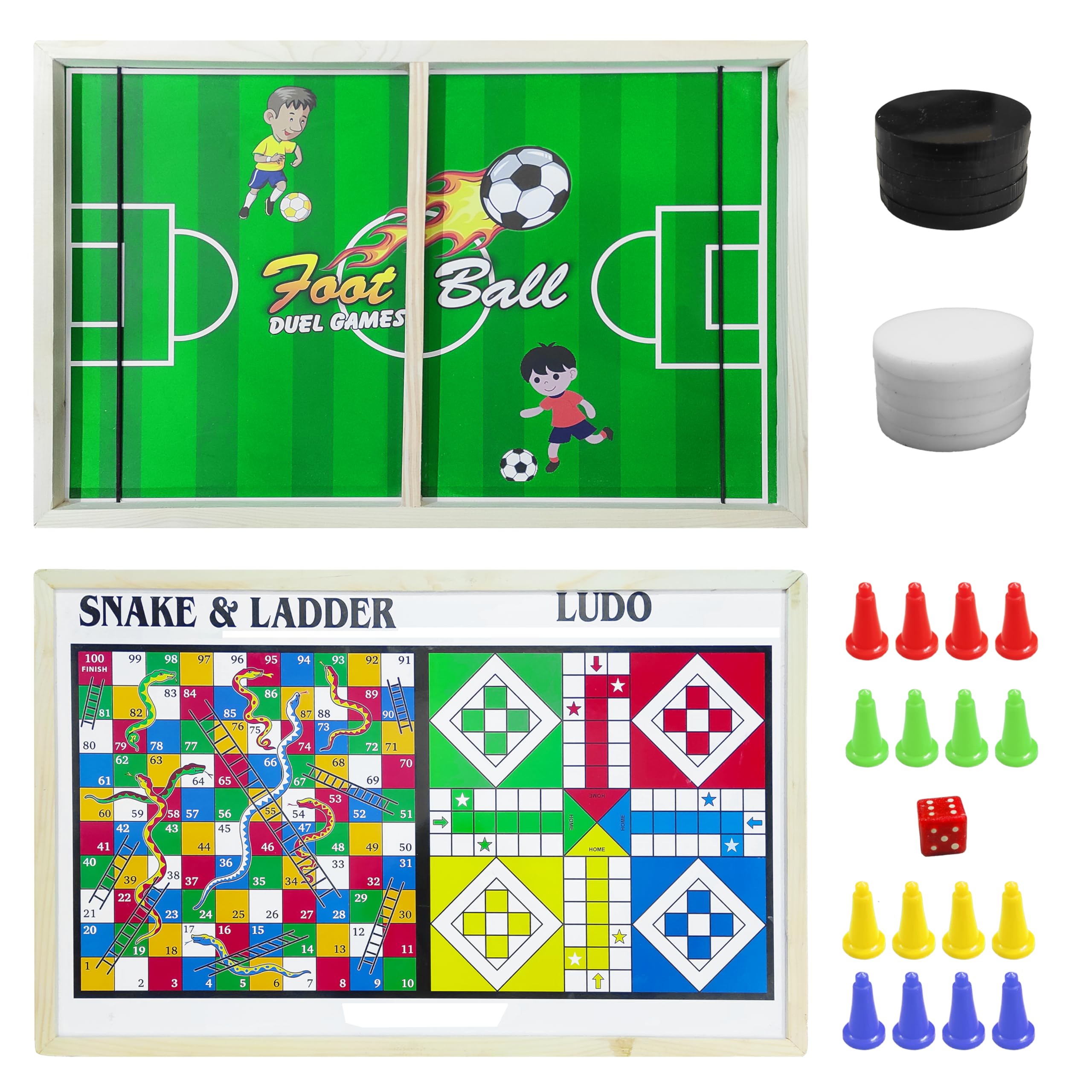 VGRASSP 3 in 1 Fastest Finger Ludo, Snake & Ladder Wooden Board Game Toy for Kids & Adults - Double Sided Sling Puck Birthday Gift for Family Entertainment - Made with Pine Wood (Football Design)