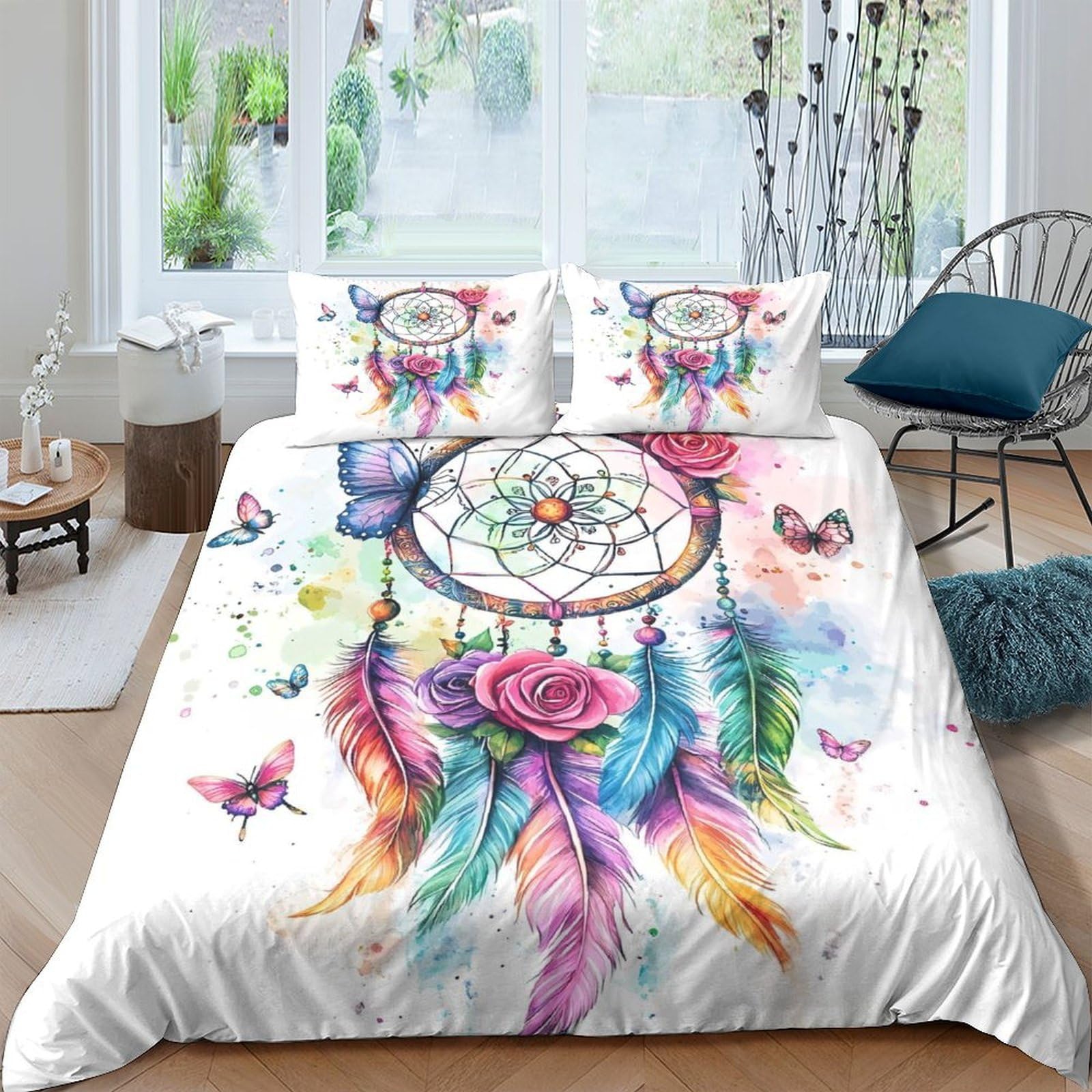 Ctjqhvkz Style-3 3D Printed Dreamcatcher Butterfly Fitted Sheet Microfiber Soft Colorful Feather Bed Cover For Bedroom Dorm Mattress Decor Single（135X200cm）