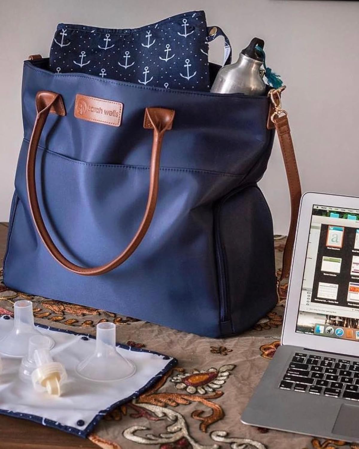 Abby Breast Pump Tote with Real Leather Straps – Stylish Pumping Bag with Insulated Pockets, Laptop Storage & Easy-Clean Interior – Professional Breast Pump Bag for Work & Travel (Navy)