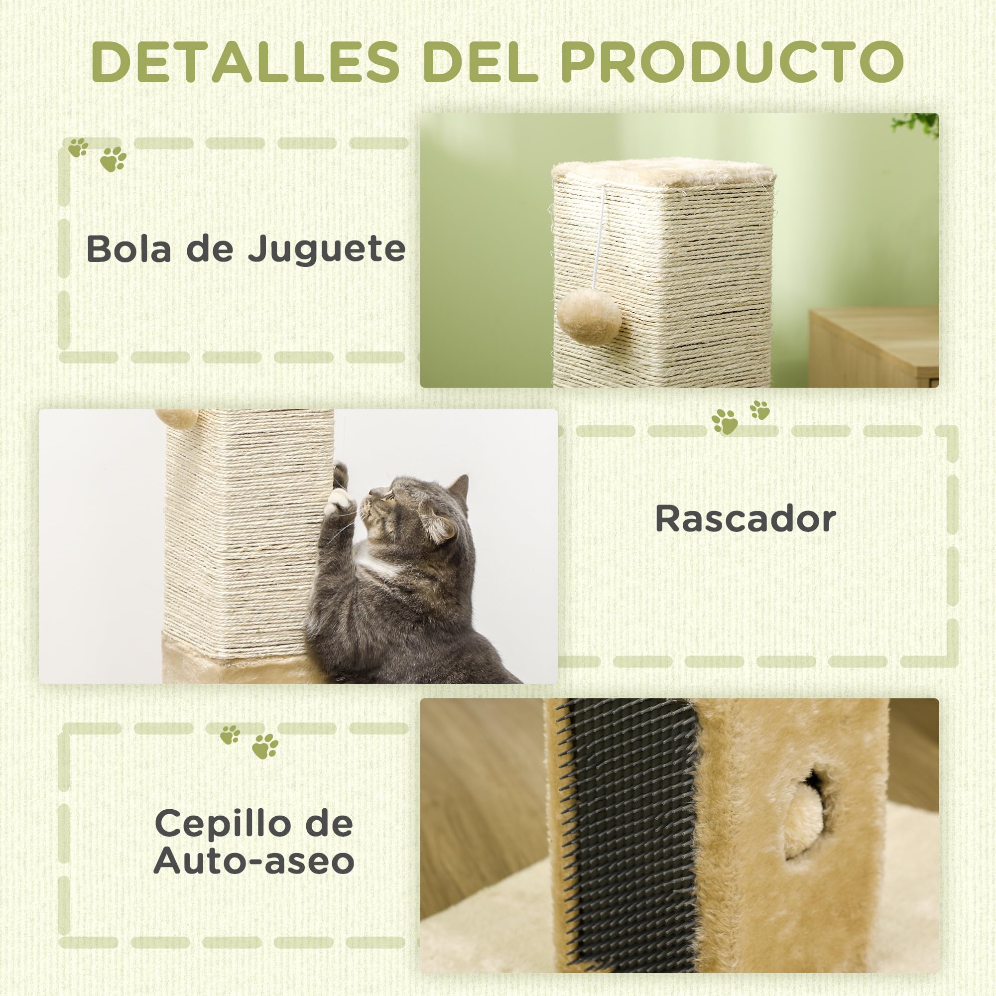 PawHut Poste Rascador para Gatos 79 cm con Bola Colgante, Cascabel y Poste de Yute 59,5x39x79 cm en Beige y Crema