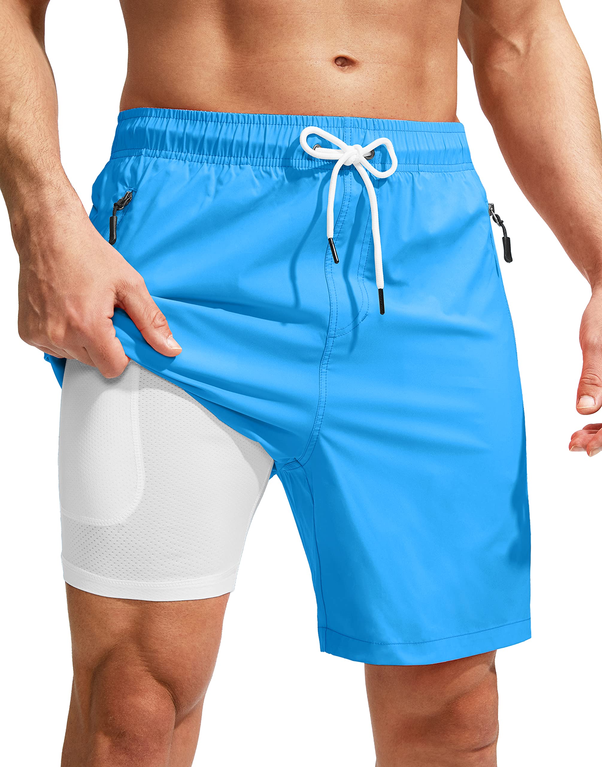 Viodia Men's Swim Trunks with Compression Liner — Quick Dry Board Shorts Swimsuit Swimwear for Men with Zipper Pockets (Blue, XXL)