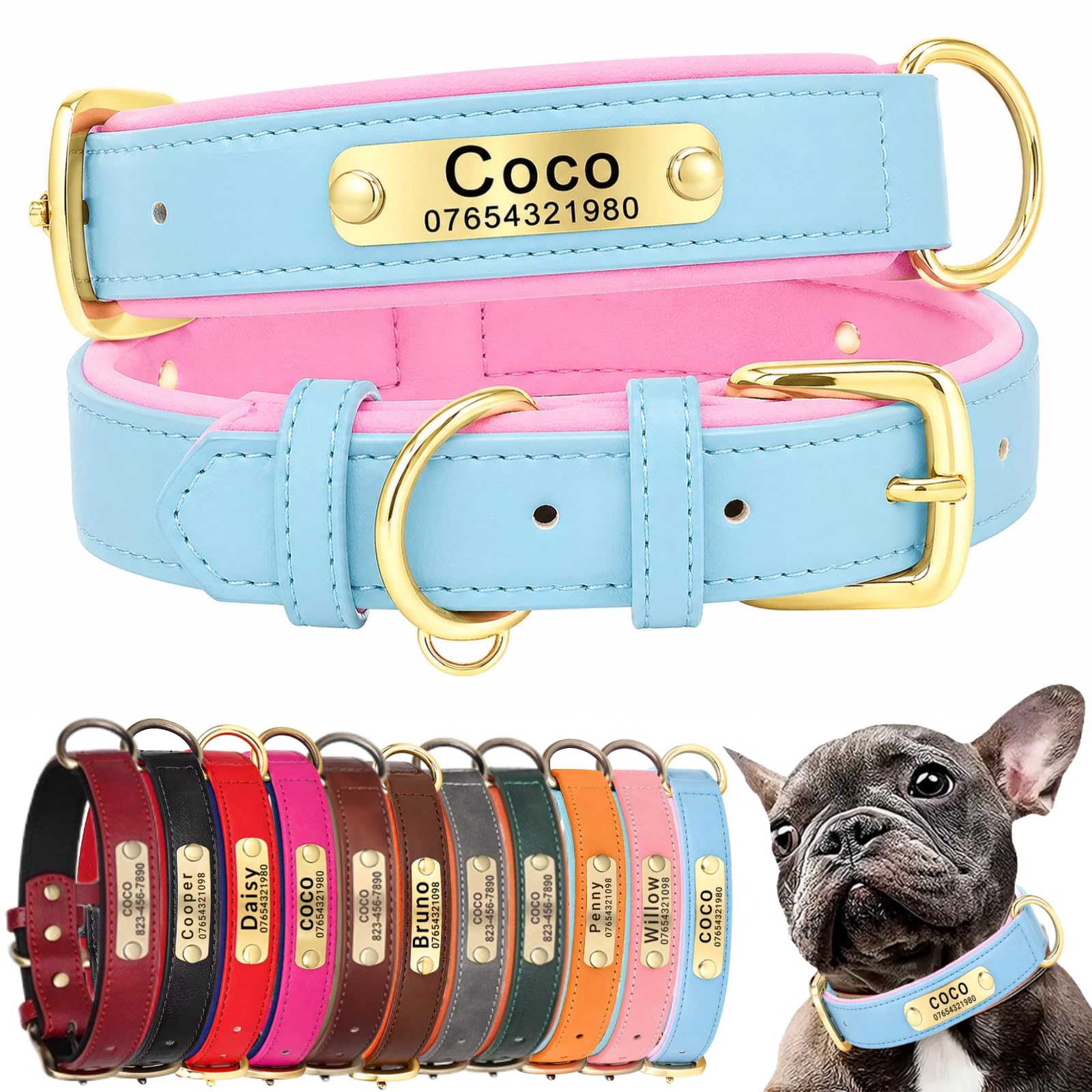 SEOUGEE Genuine Leather Dog Collar Personalised, Soft Padded Leather Dog Collars Heavy Duty with Custom Engraved Name Plate Adjustable for Small Medium Large Dogs (S, Sky Blue & Pink 23-32cm) — image 1