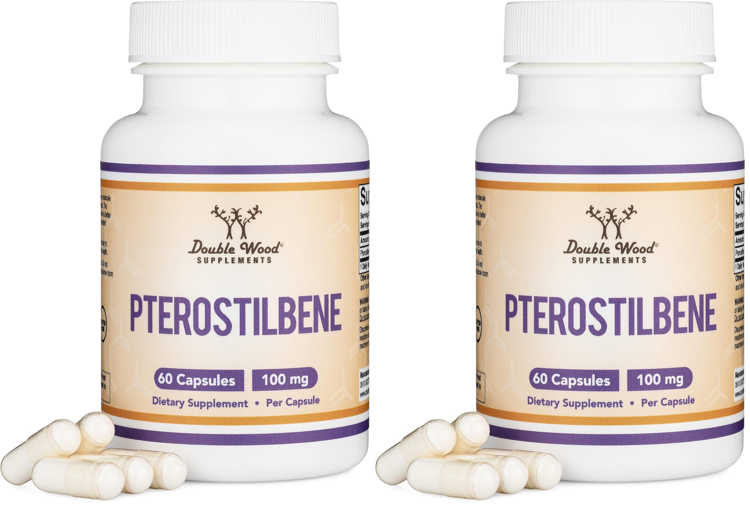 Pterostilbene Supplement 100mg Capsules (Third Party Tested) 60 Capsules, Superior to Resveratrol, Antioxidant for Longevity Support (Non-GMO, Gluten Free) by Double Wood (Pack of 2) 60 Count (Pack of 2)