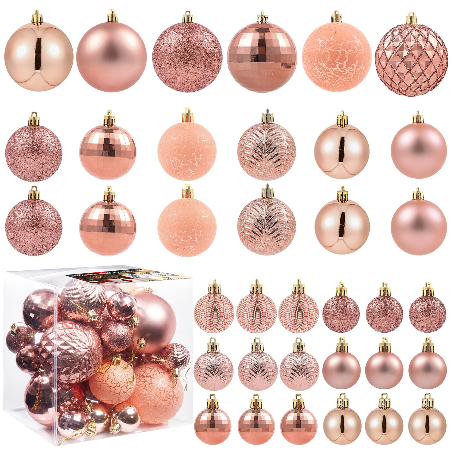 LANGXUN 36 pièces de Boules de Noël en Or Rose pour Les décorations de Noël, de Mariage et de fête, Boules incassables pour l'arbre de Noël avec Boucle de Suspension