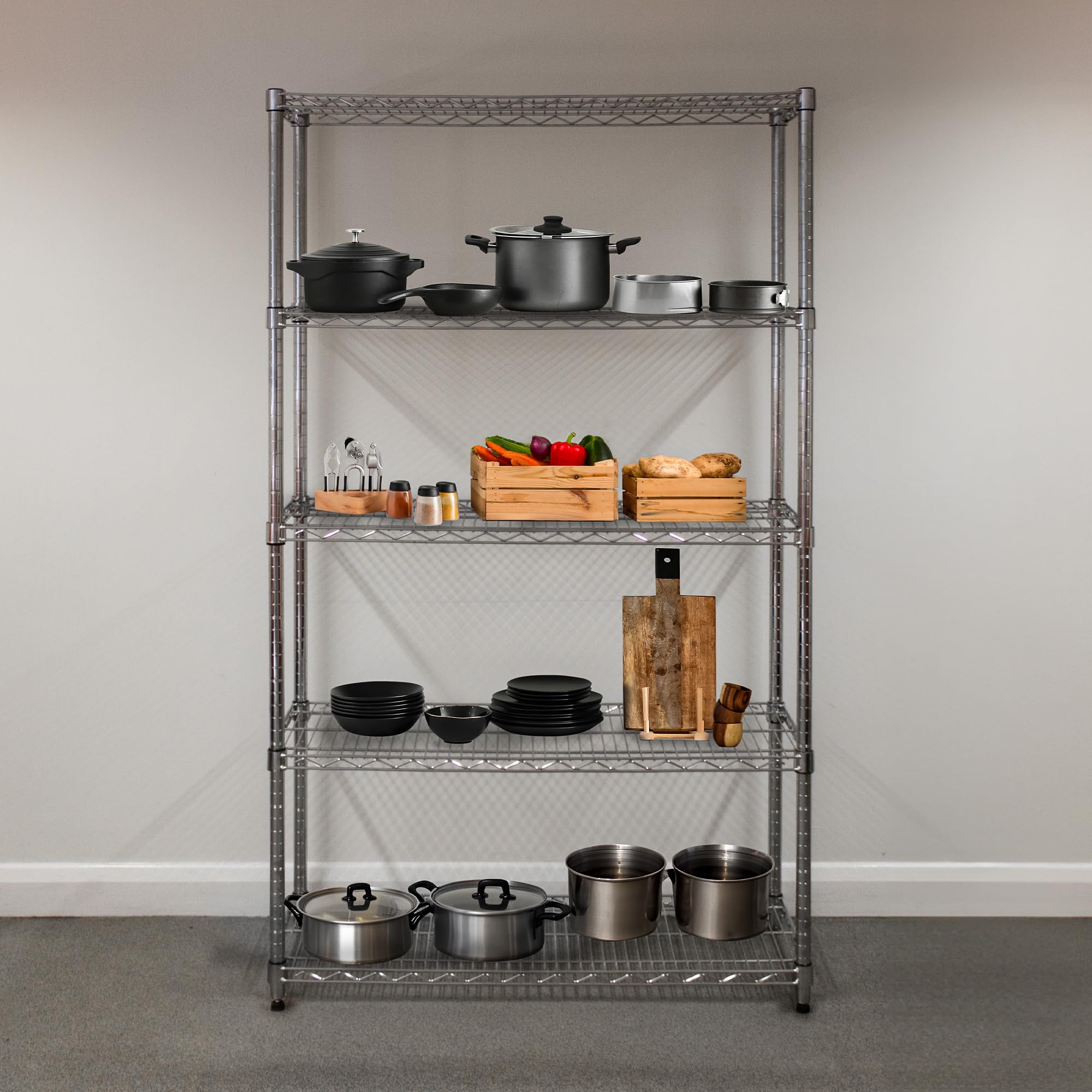 Estantería de Alambre 5 Niveles sin Tornillos Almacenaje Almacenamiento Metálico Acero Carbono Cromado Cocina Oficina Garaje 45x120x180cm con Estantes Ajustables Pies Niveladores Capacidad Peso 1000kg
