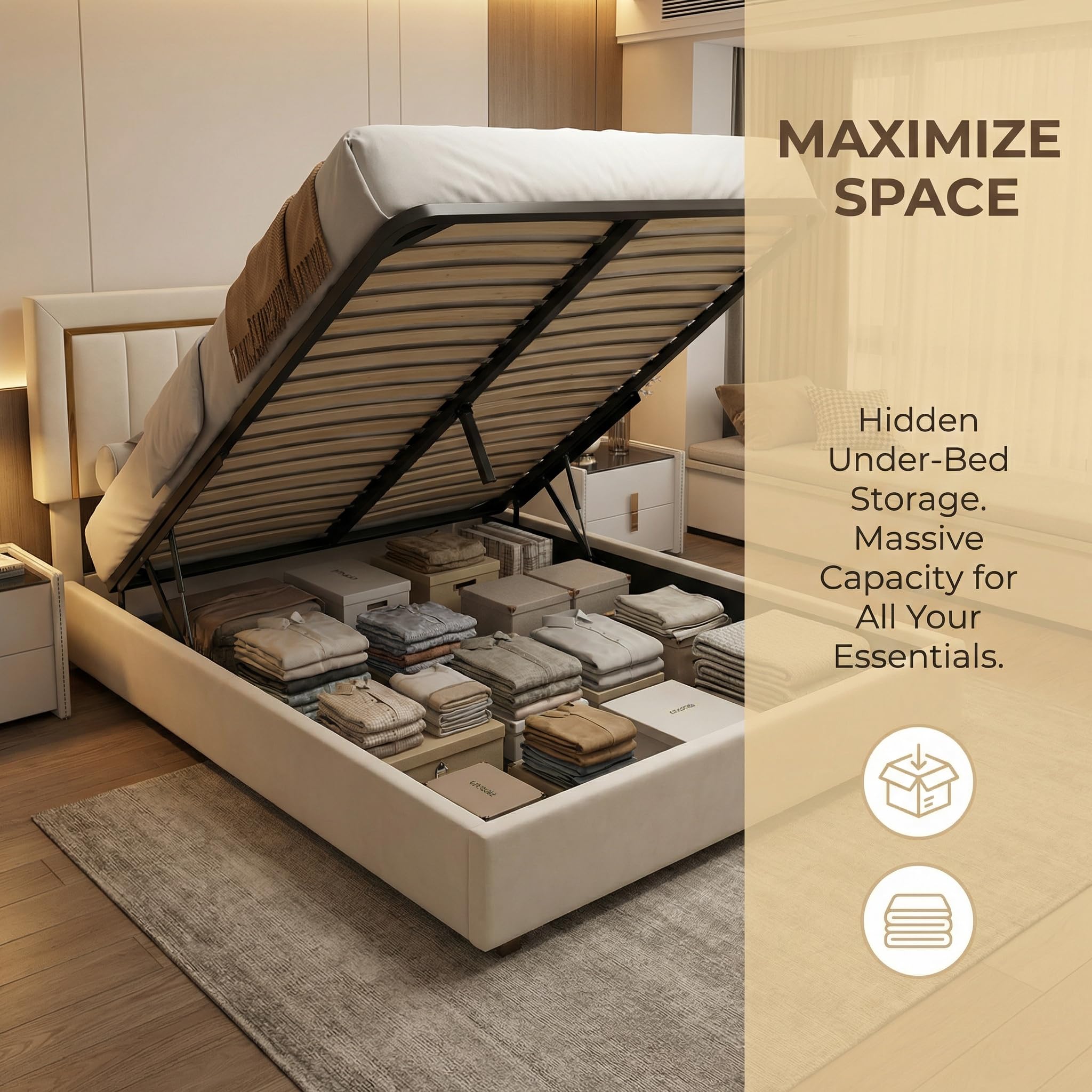 Cama tapizada de 160x200 cm, cabecero de Terciopelo Beige con Ribete Dorado, Cama de Matrimonio con canapé, Apta para Adultos y Adolescentes, colchón no Incluido