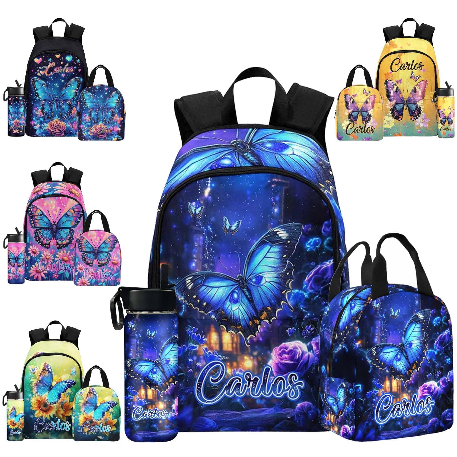 LOSARON Custom Butterfly Backpack for Girls, Personalized Girls Backpack with Lunch Bags, Customized Kids Backpack Book Bag Back to School Gift Casual