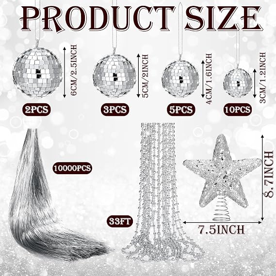 Thyle 10022 Pcs Disco Christmas Decor 20 Mirror Disco Balls 10000 Silver Tinsel Icicle Strands Glittered Star Tree Topper Ornaments 10 Meter Beaded for Christmas Party Supplies