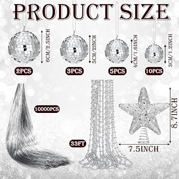 Thyle 10022 Pcs Disco Christmas Decor 20 Mirror Disco Balls 10000 Silver Tinsel Icicle Strands Glittered Star Tree Topper Ornaments 10 Meter Beaded for Christmas Party Supplies