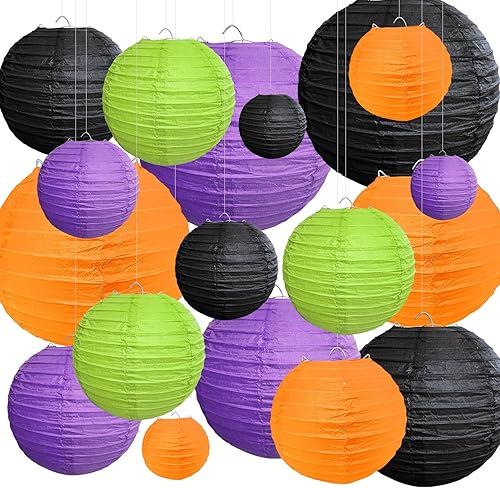 18 linternas de papel para decoración de fiesta de Halloween, varios tamaños, linternas colgantes redondas para festivales, Halloween, interiores y