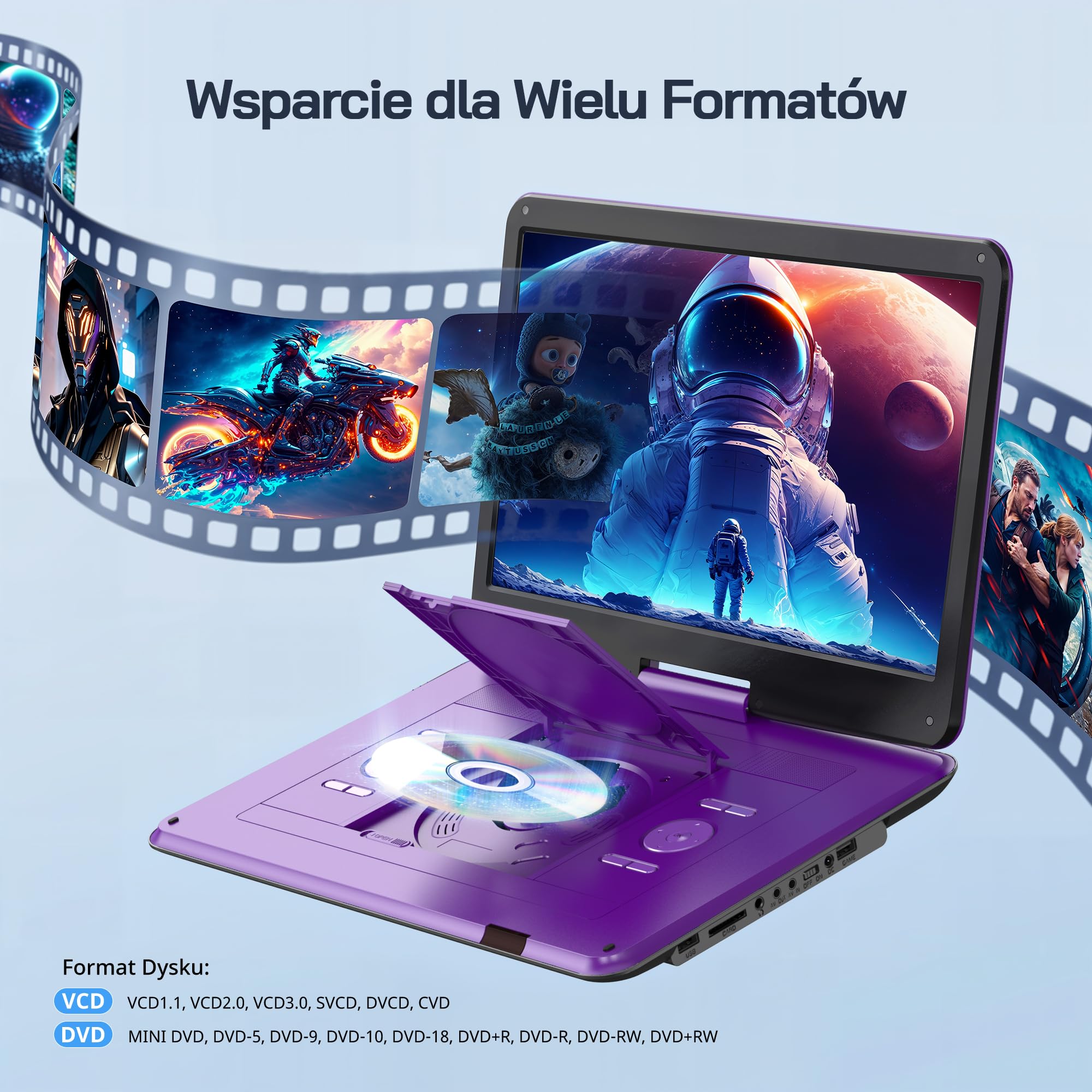 WOLFANG Przenośny odtwarzacz DVD 17,5" z dużym wyświetlaczem HD 15,6", akumulator 5000 mAh, bez ograniczeń regionalnych, dwa głośniki stereo, obsługuje USB/kartę SD/Sync TV, projektor, fioletowy